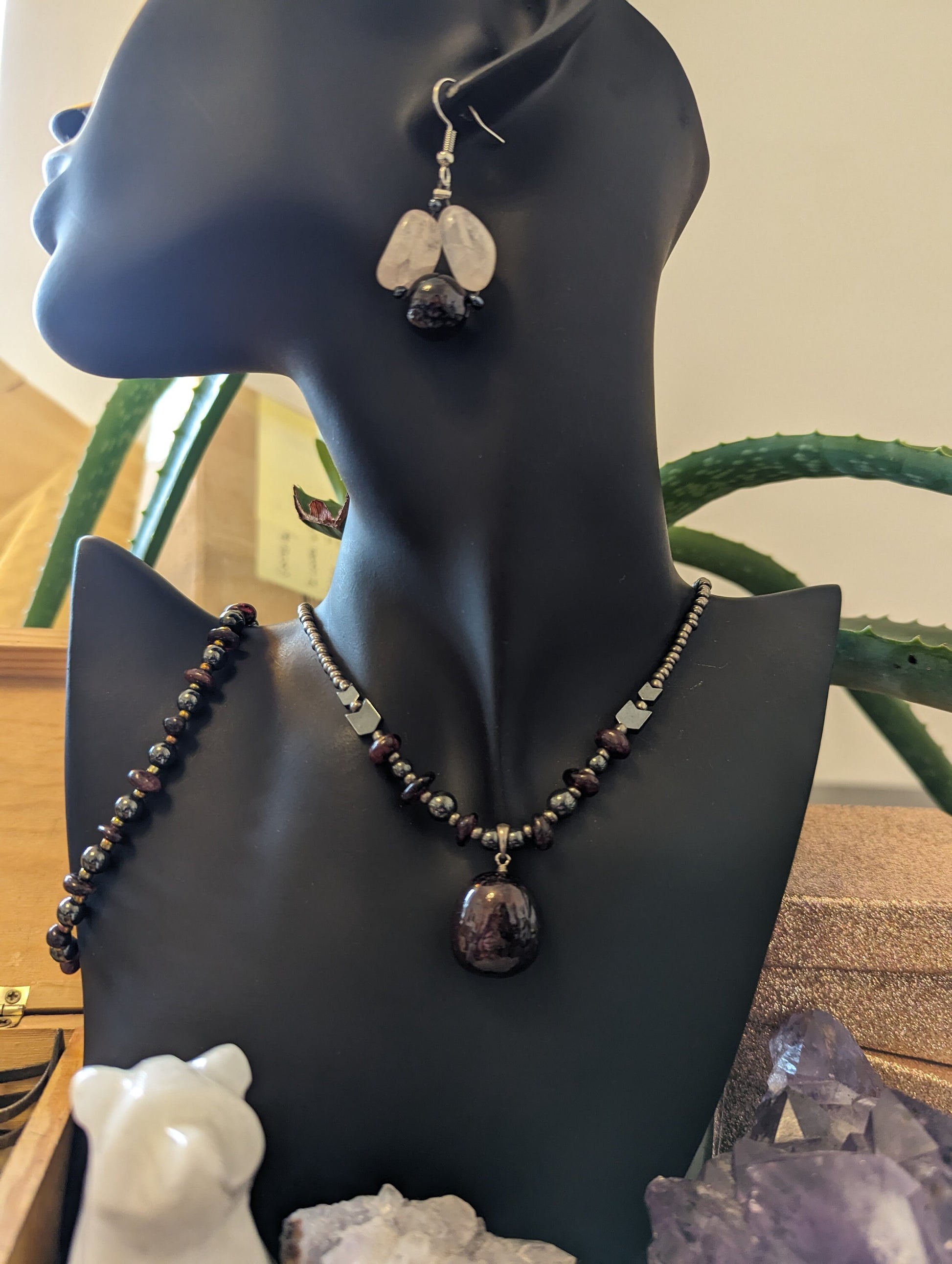 Silver Garnet Set: Garnet Pendant, Garnet beaded Bracelet and Necklace with Silver Glass beads and Earrings with Garnet and Rose Quartz