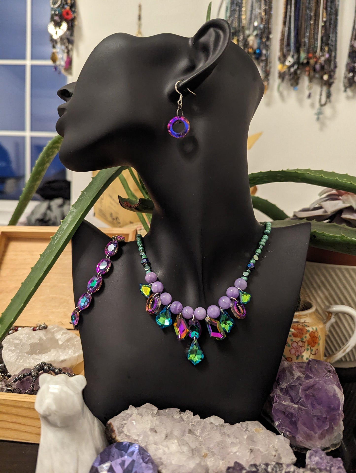 Violets Garden Set: Purple Green Angelite Beaded Necklace with Stunning glass Pendants, Glass Purple Bracelet and Round Glass Earrings