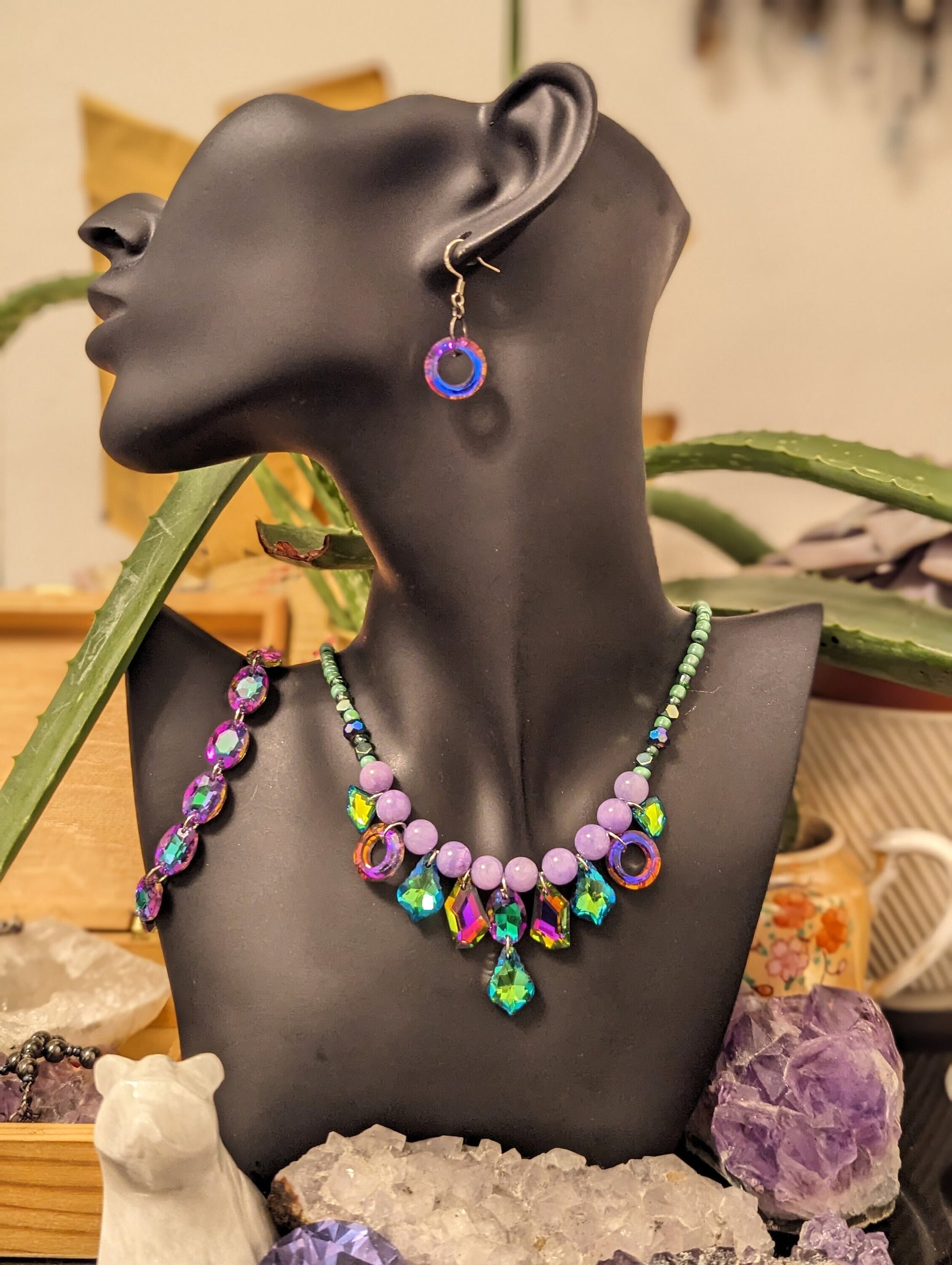 Violets Garden Set: Purple Green Angelite Beaded Necklace with Stunning glass Pendants, Glass Purple Bracelet and Round Glass Earrings