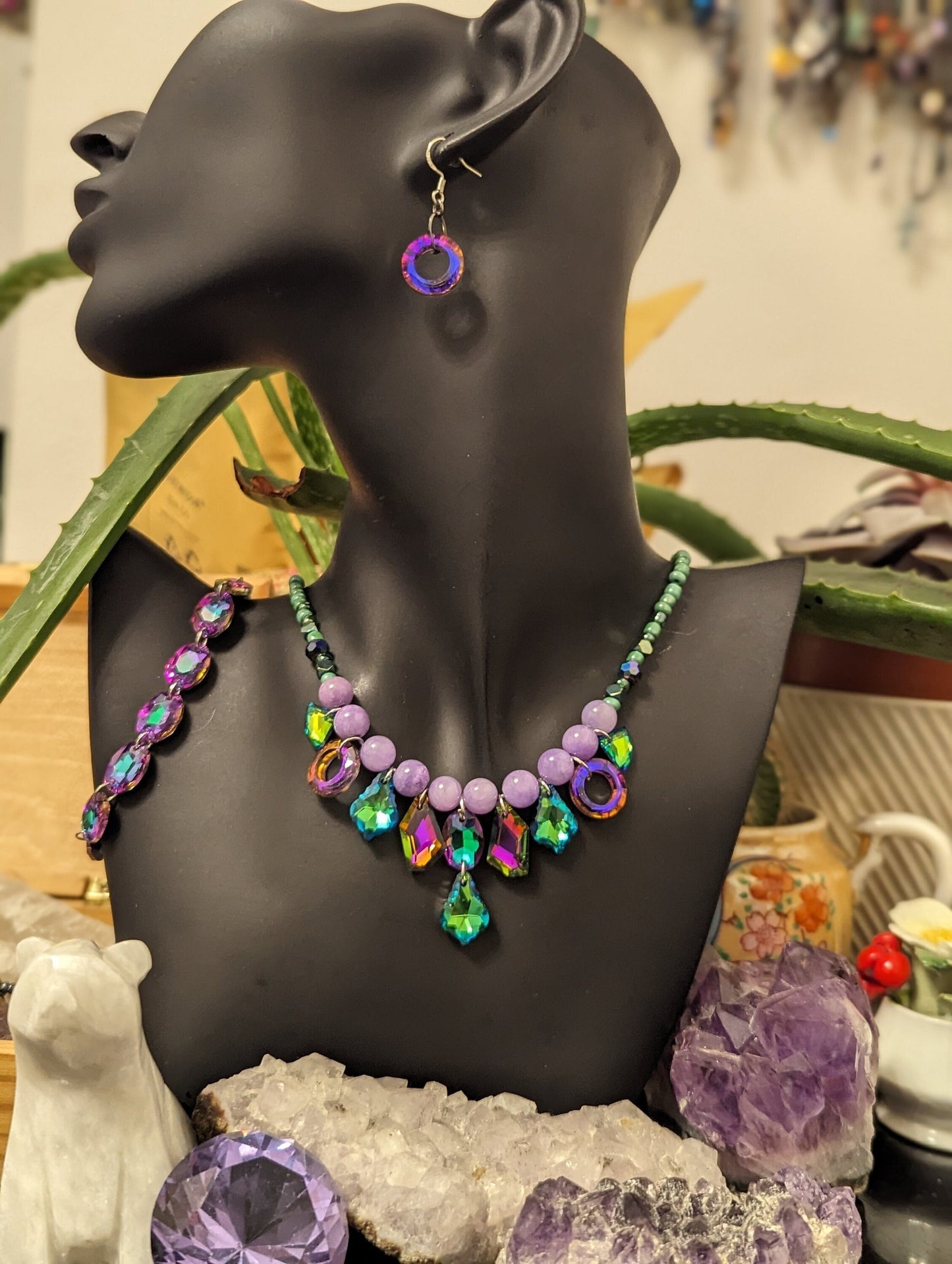 Violets Garden Set: Purple Green Angelite Beaded Necklace with Stunning glass Pendants, Glass Purple Bracelet and Round Glass Earrings