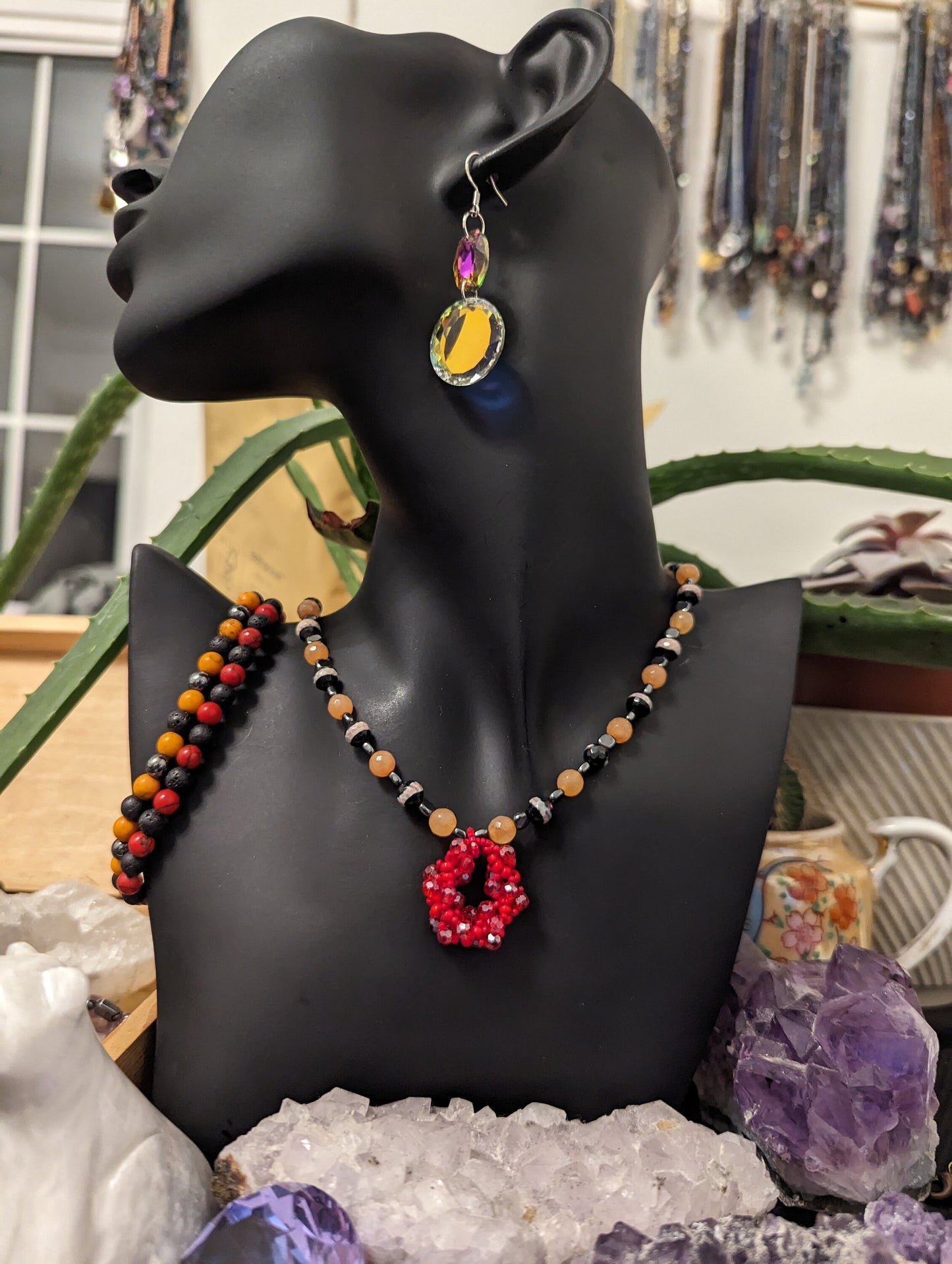 Bold Set: Daring Red Colours, A beaded Necklace with Orange Red and Hematite Styled Beads, 2 Bracelets and Glass Round and Oval Earrings