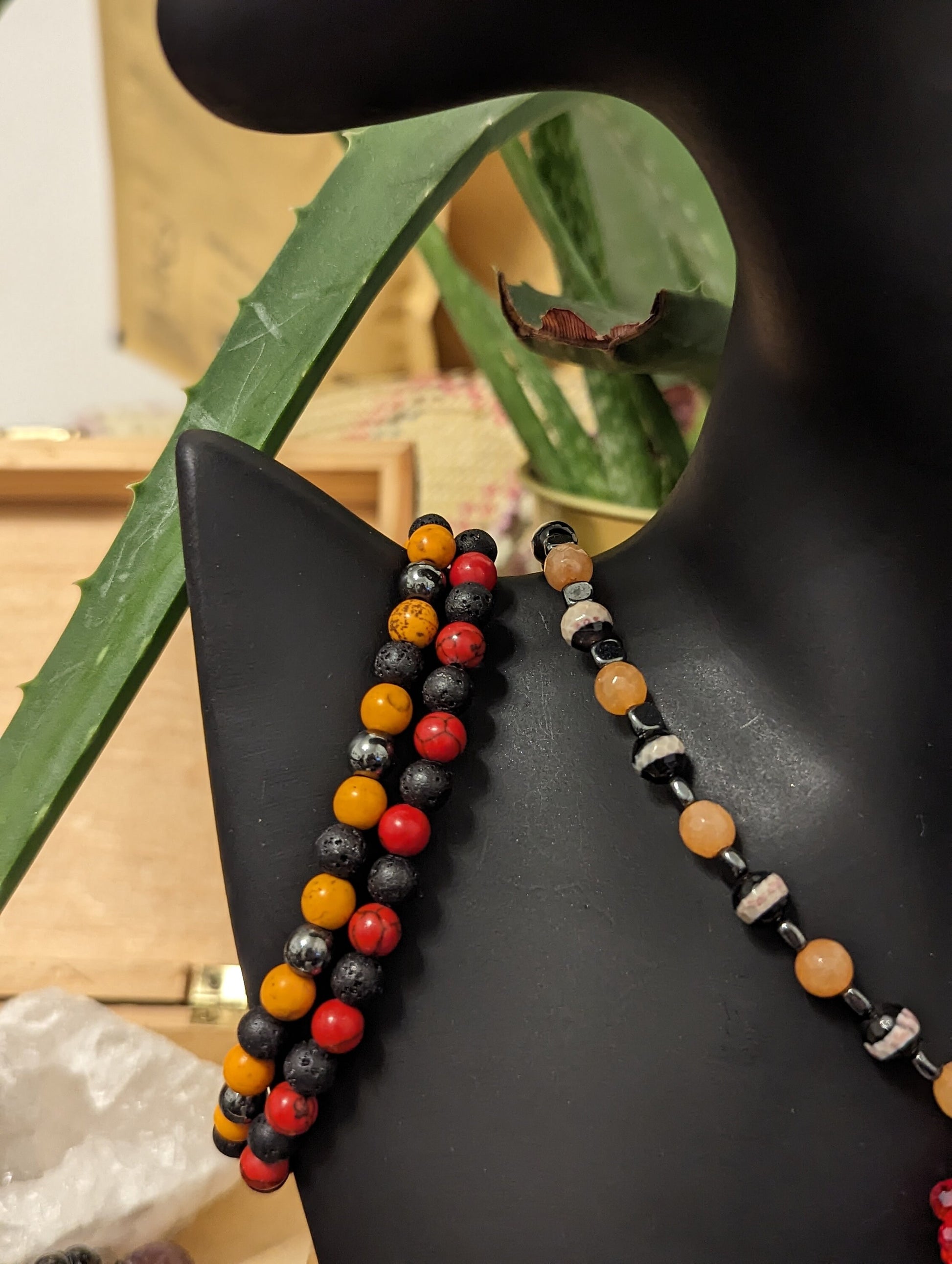 Bold Set: Daring Red Colours, A beaded Necklace with Orange Red and Hematite Styled Beads, 2 Bracelets and Glass Round and Oval Earrings