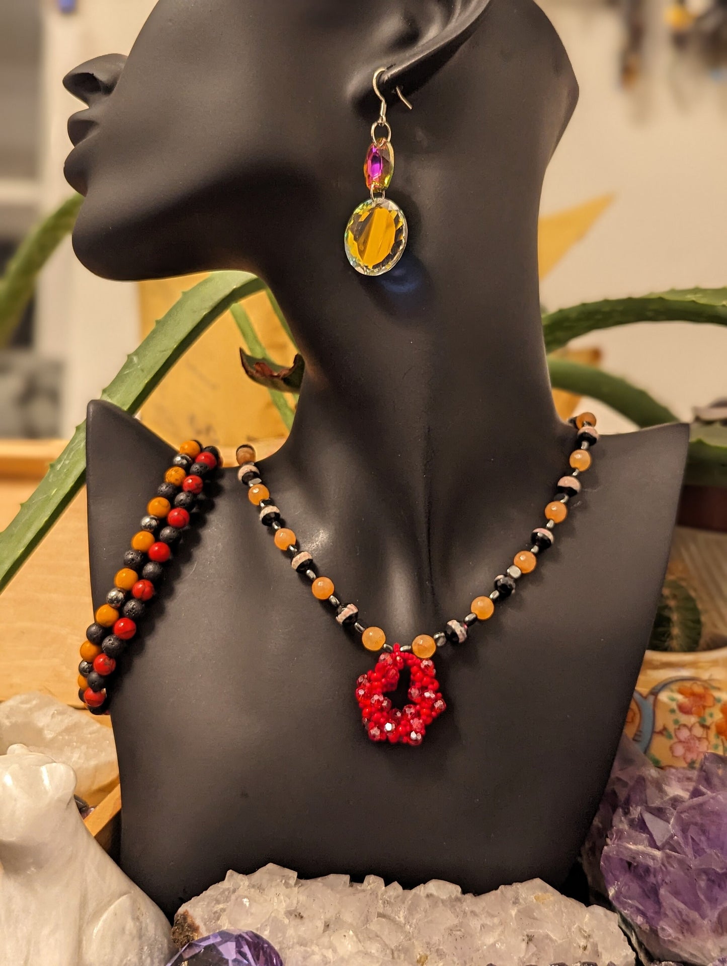 Bold Set: Daring Red Colours, A beaded Necklace with Orange Red and Hematite Styled Beads, 2 Bracelets and Glass Round and Oval Earrings