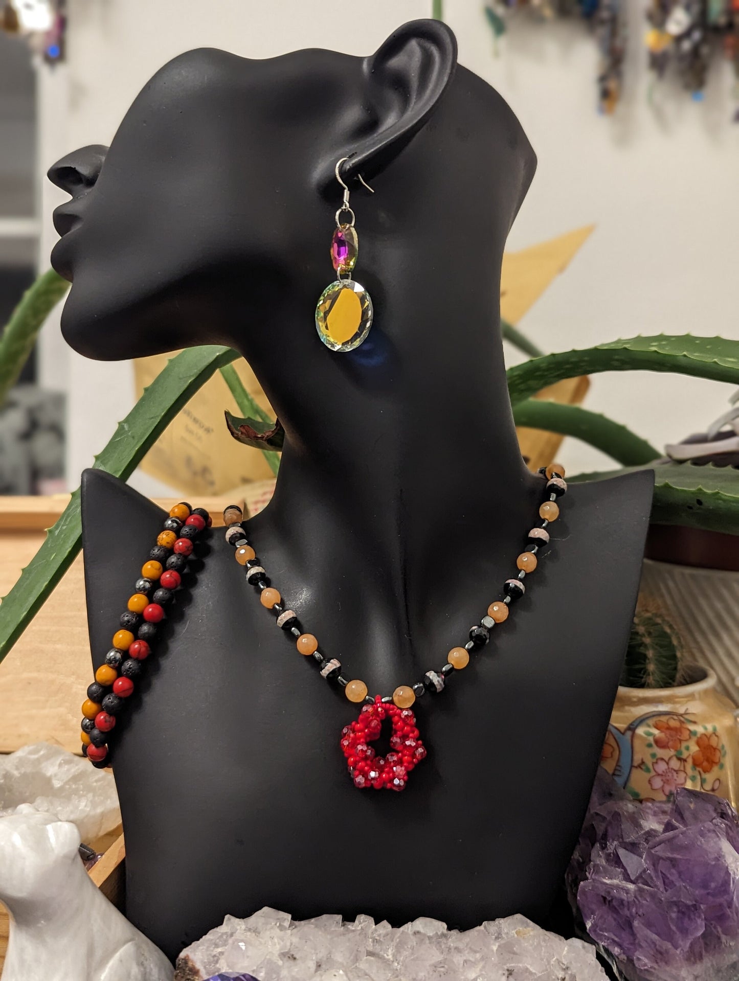 Bold Set: Daring Red Colours, A beaded Necklace with Orange Red and Hematite Styled Beads, 2 Bracelets and Glass Round and Oval Earrings