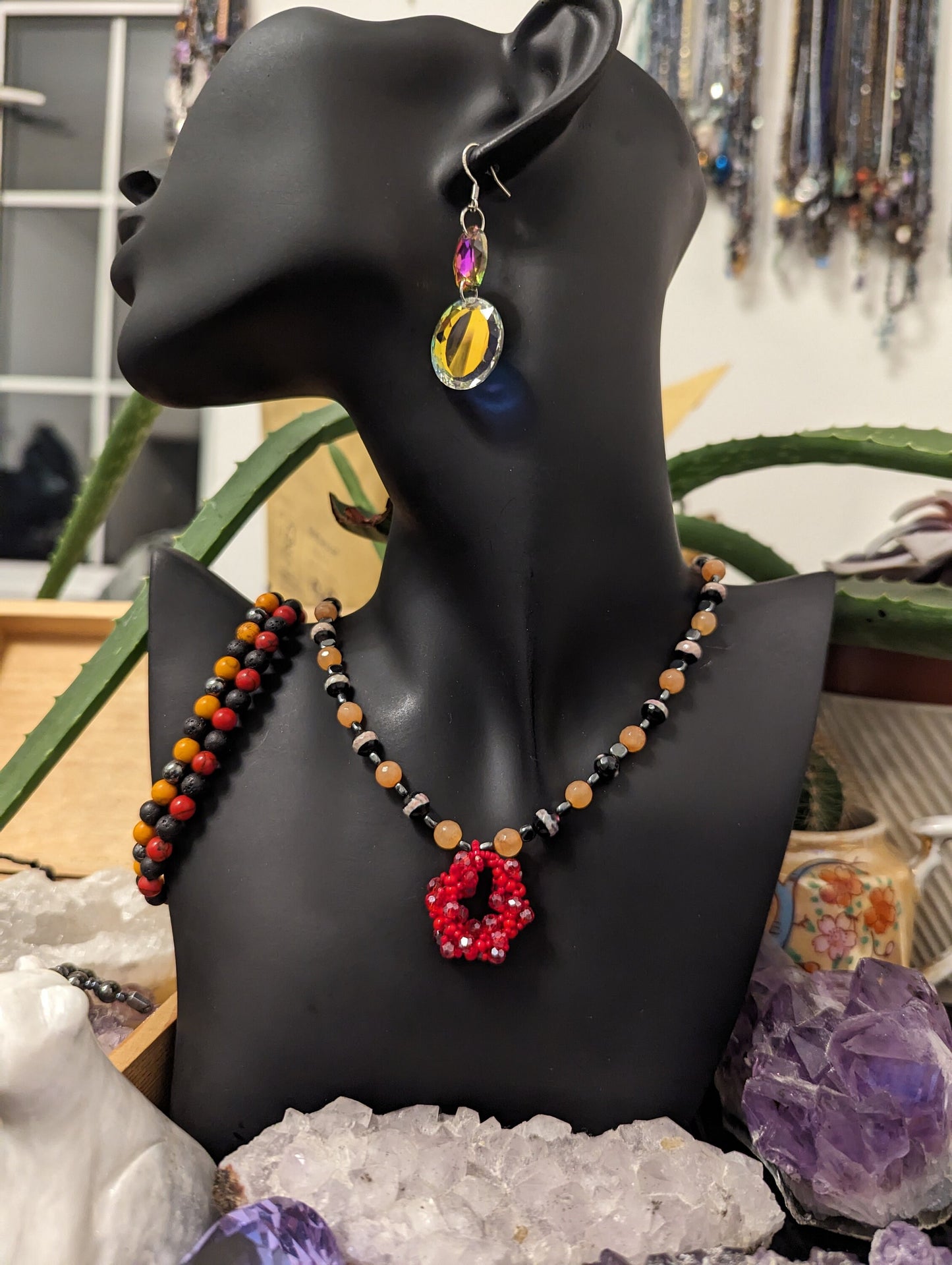 Bold Set: Daring Red Colours, A beaded Necklace with Orange Red and Hematite Styled Beads, 2 Bracelets and Glass Round and Oval Earrings