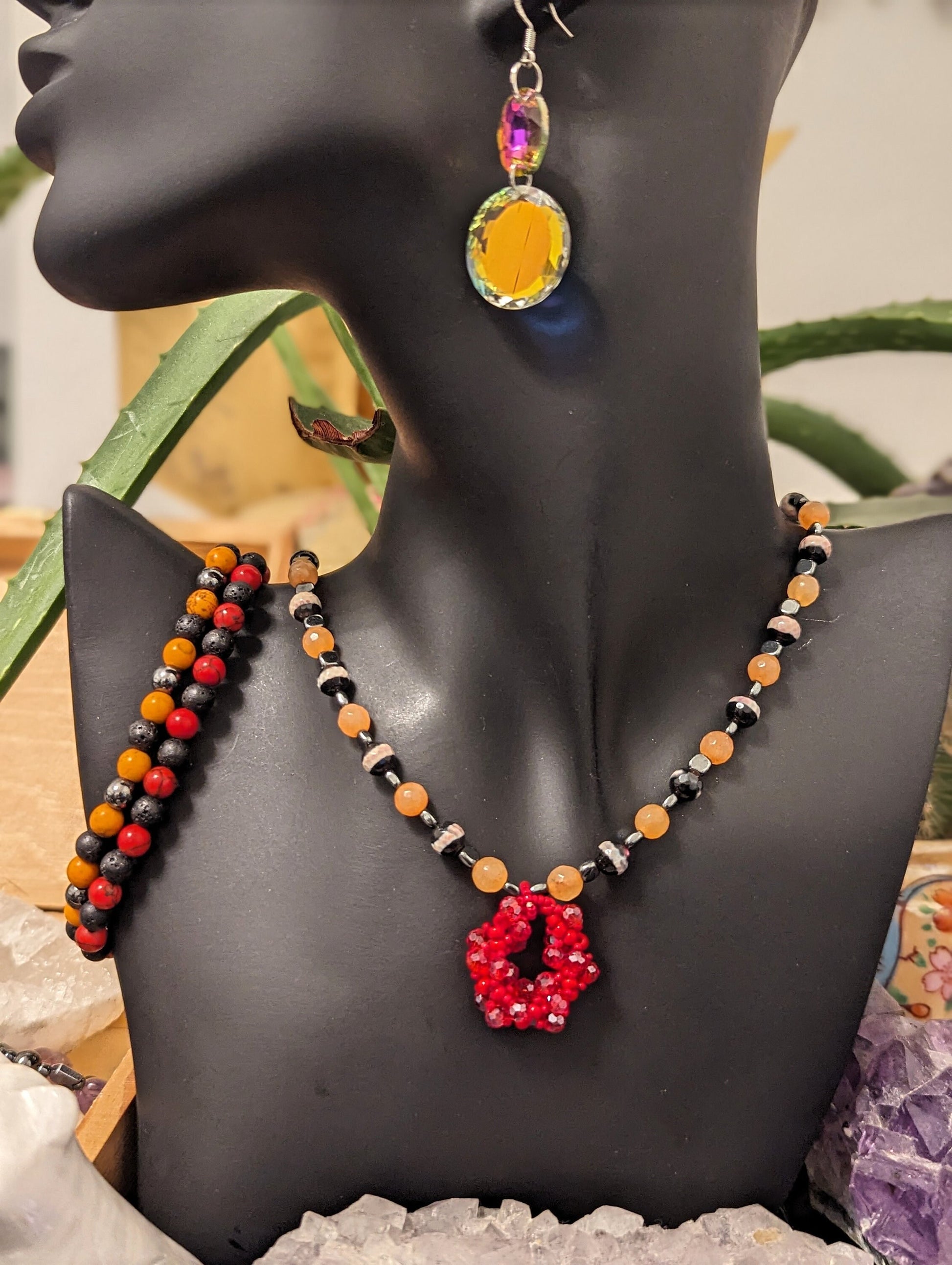 Bold Set: Daring Red Colours, A beaded Necklace with Orange Red and Hematite Styled Beads, 2 Bracelets and Glass Round and Oval Earrings