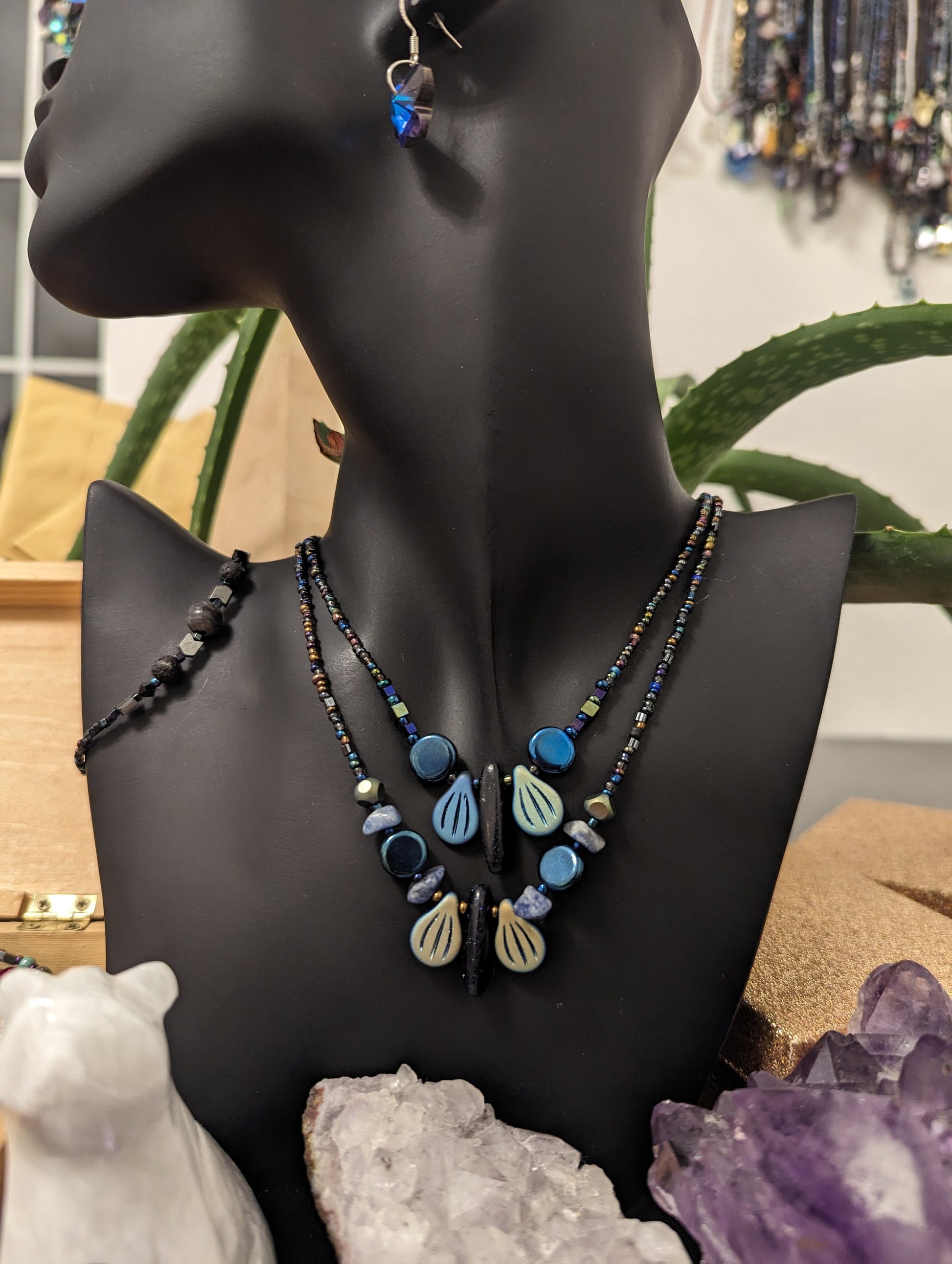 Blue Shell Butterflies Layered Set with Beaded Necklaces with Blue Gemstones, Shell Shaped Pendants, Blue Butterfly Earrings, Black Bracelet