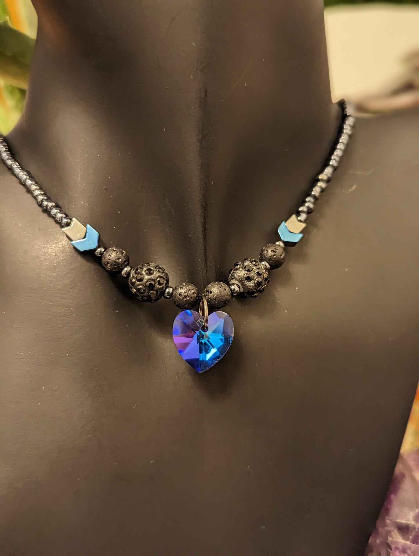 Blue Heart Stunning Pendant, Shimmering bLack Beads, Blue and Grey Hematite Styled Arrow Beads, Blue Heart Earrings and Blue Black Bracelet