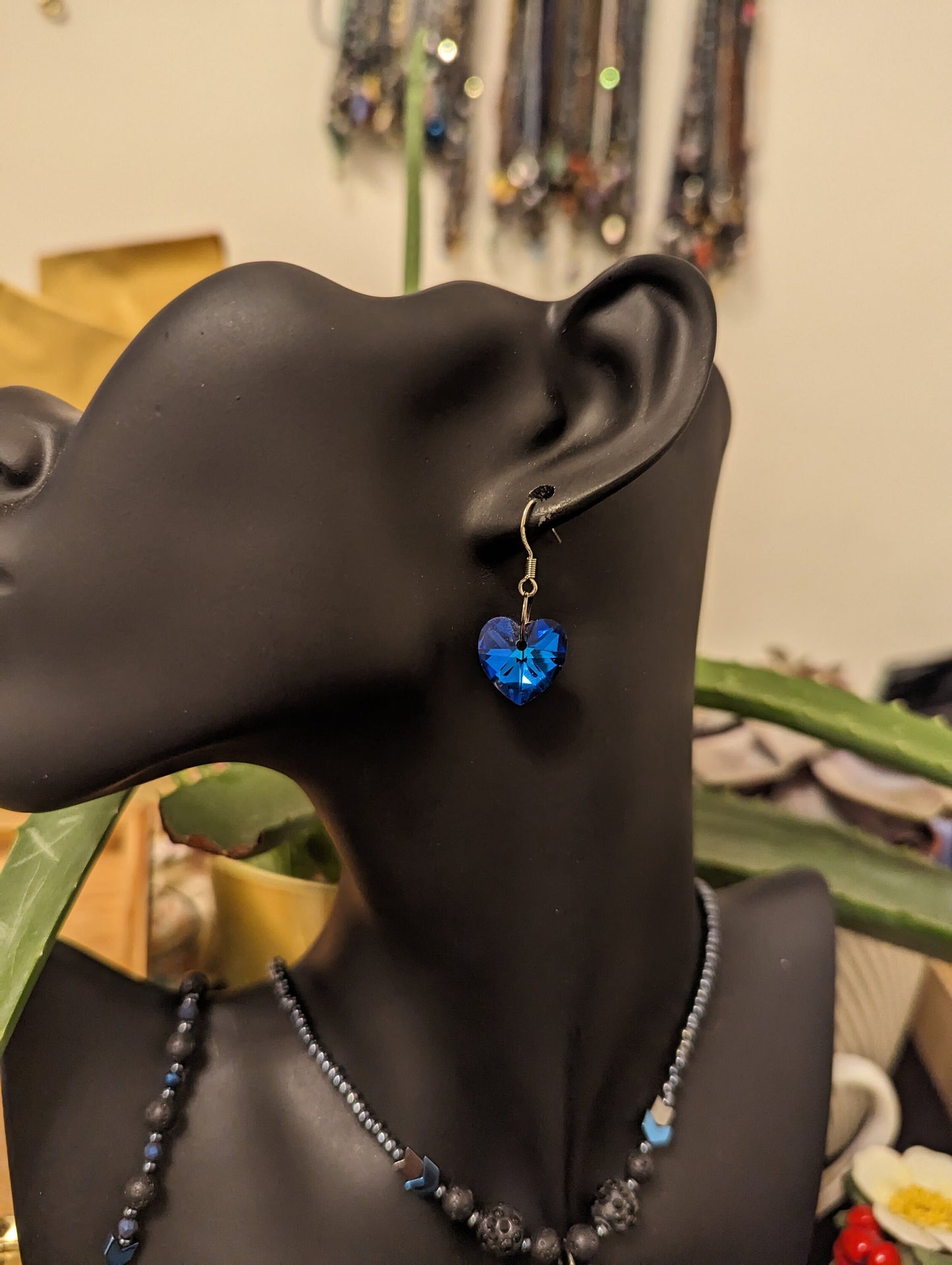 Blue Heart Stunning Pendant, Shimmering bLack Beads, Blue and Grey Hematite Styled Arrow Beads, Blue Heart Earrings and Blue Black Bracelet