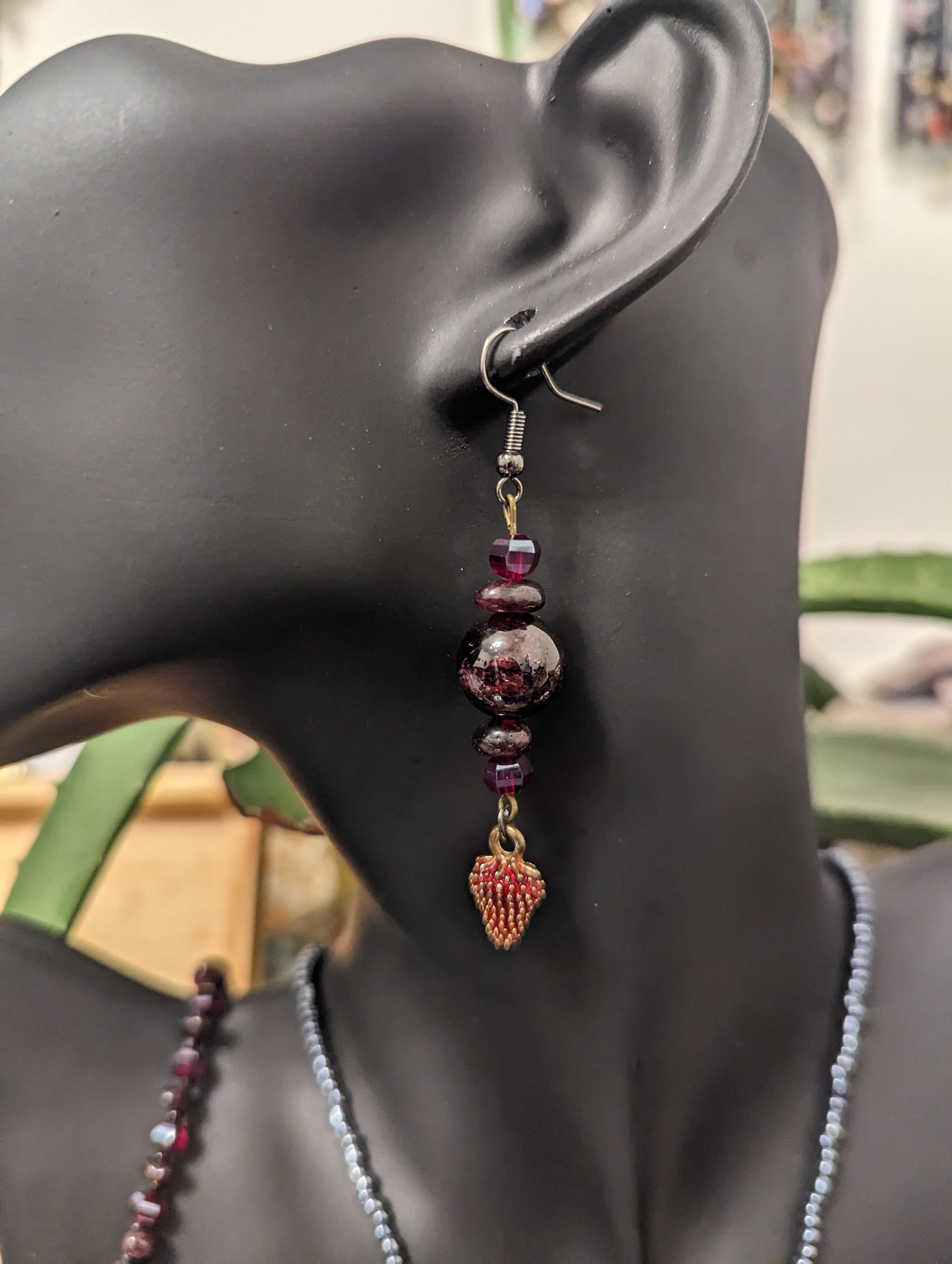 Garnet Set: Necklace with 5 Garnet Dark Gemstone Round Large Beads, Garnet Drop Earrings with Strawberry Pendants and Garnet Beaded Bracelet