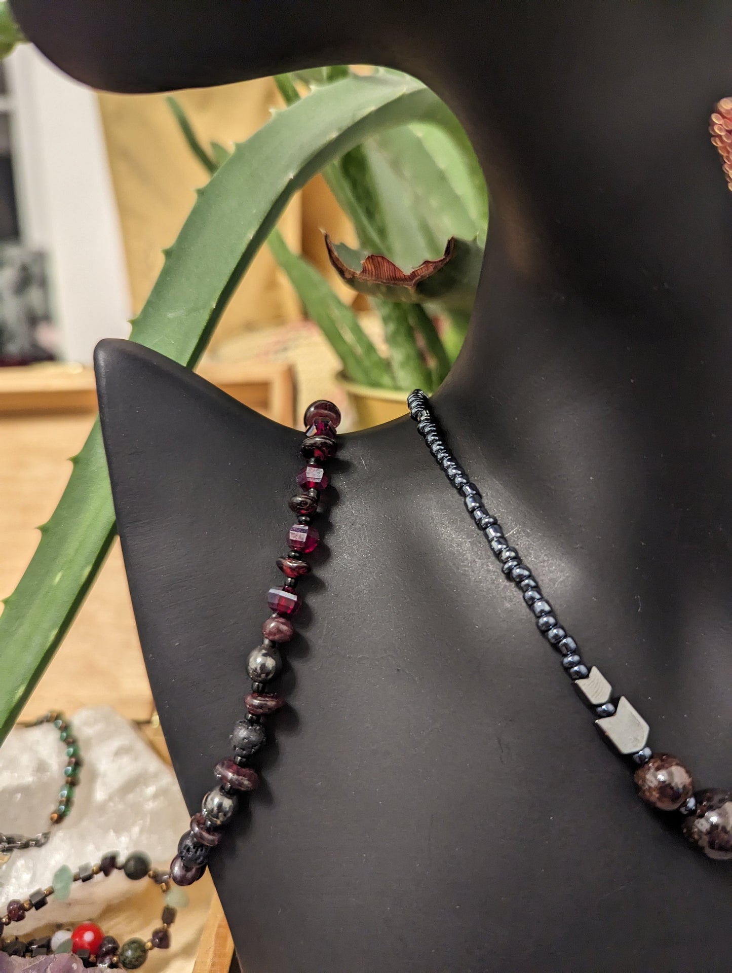 Garnet Set: Necklace with 5 Garnet Dark Gemstone Round Large Beads, Garnet Drop Earrings with Strawberry Pendants and Garnet Beaded Bracelet