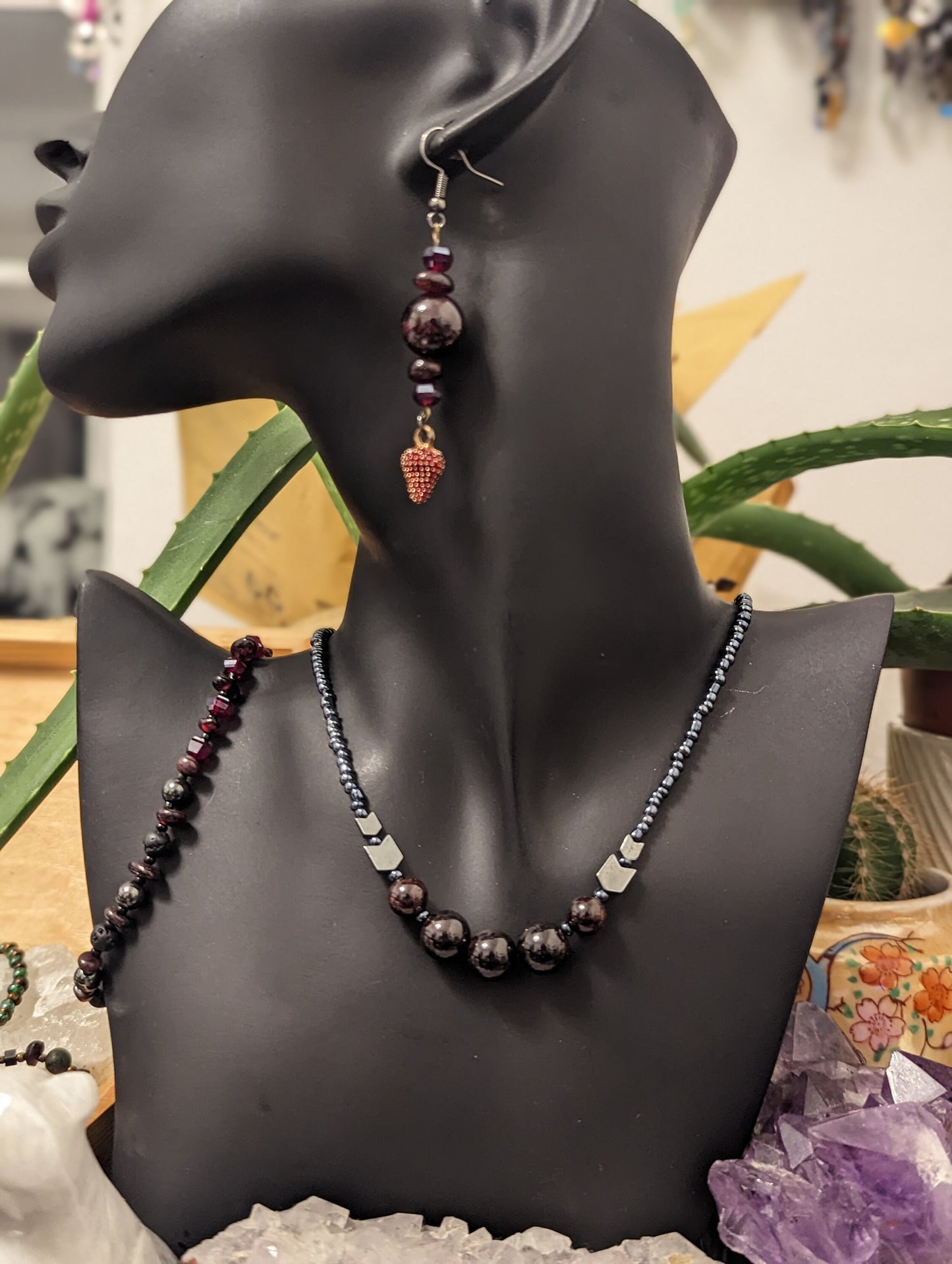 Garnet Set: Necklace with 5 Garnet Dark Gemstone Round Large Beads, Garnet Drop Earrings with Strawberry Pendants and Garnet Beaded Bracelet