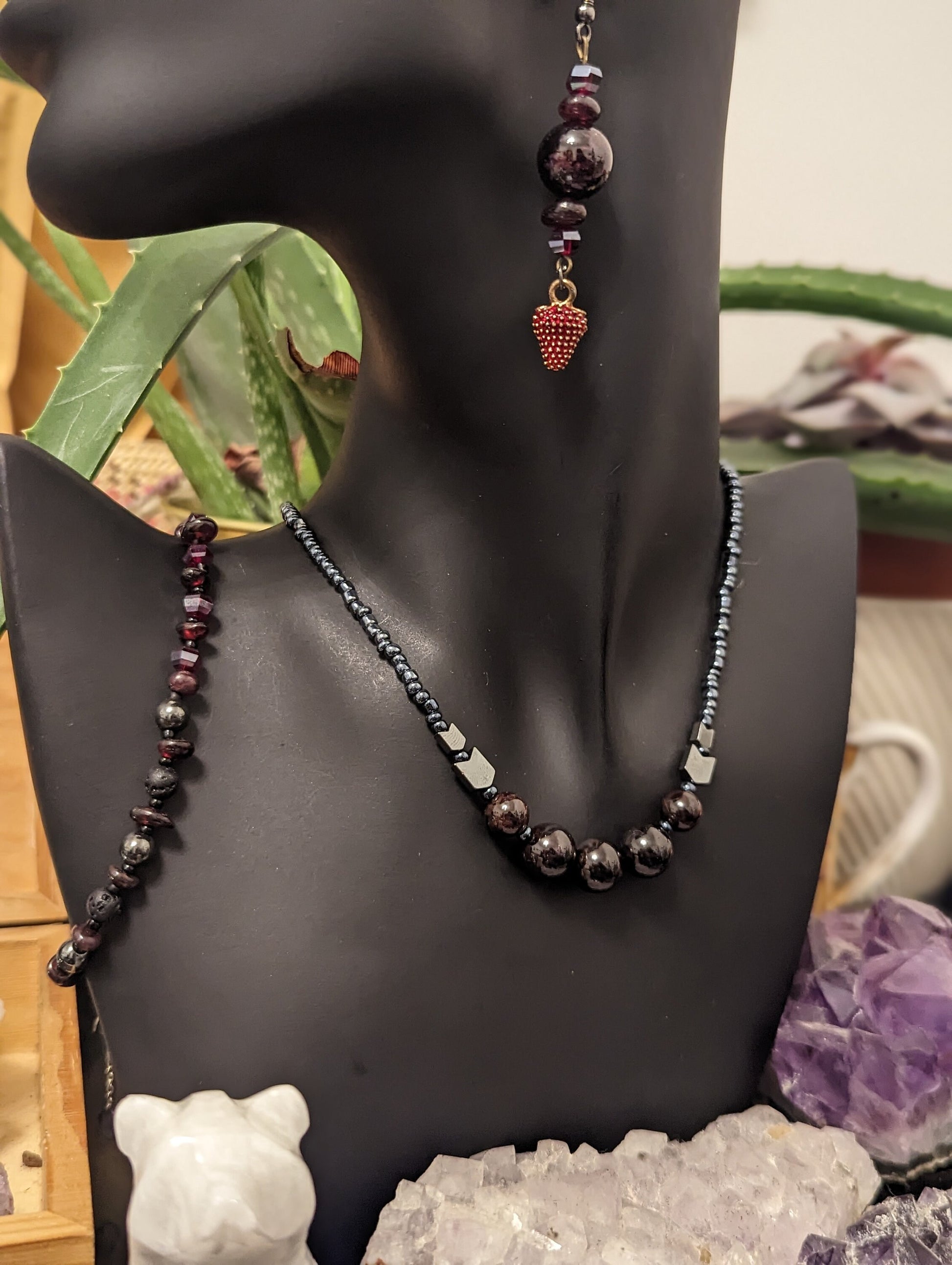 Garnet Set: Necklace with 5 Garnet Dark Gemstone Round Large Beads, Garnet Drop Earrings with Strawberry Pendants and Garnet Beaded Bracelet