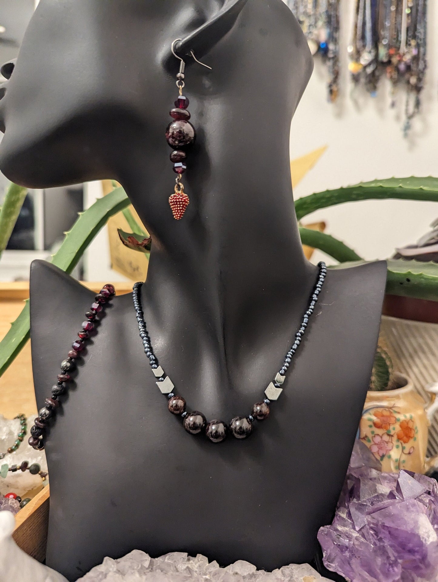 Garnet Set: Necklace with 5 Garnet Dark Gemstone Round Large Beads, Garnet Drop Earrings with Strawberry Pendants and Garnet Beaded Bracelet