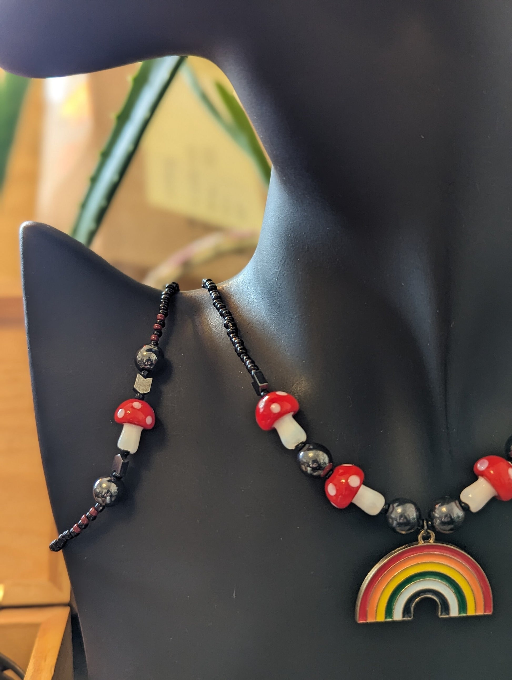 Set: Rainbow and Red Mushroom Set with 3 Rainbow Pendants and 5 Red White Mushroom Glass Beads, Hematite Styled Beads, Black Red Glass Beads