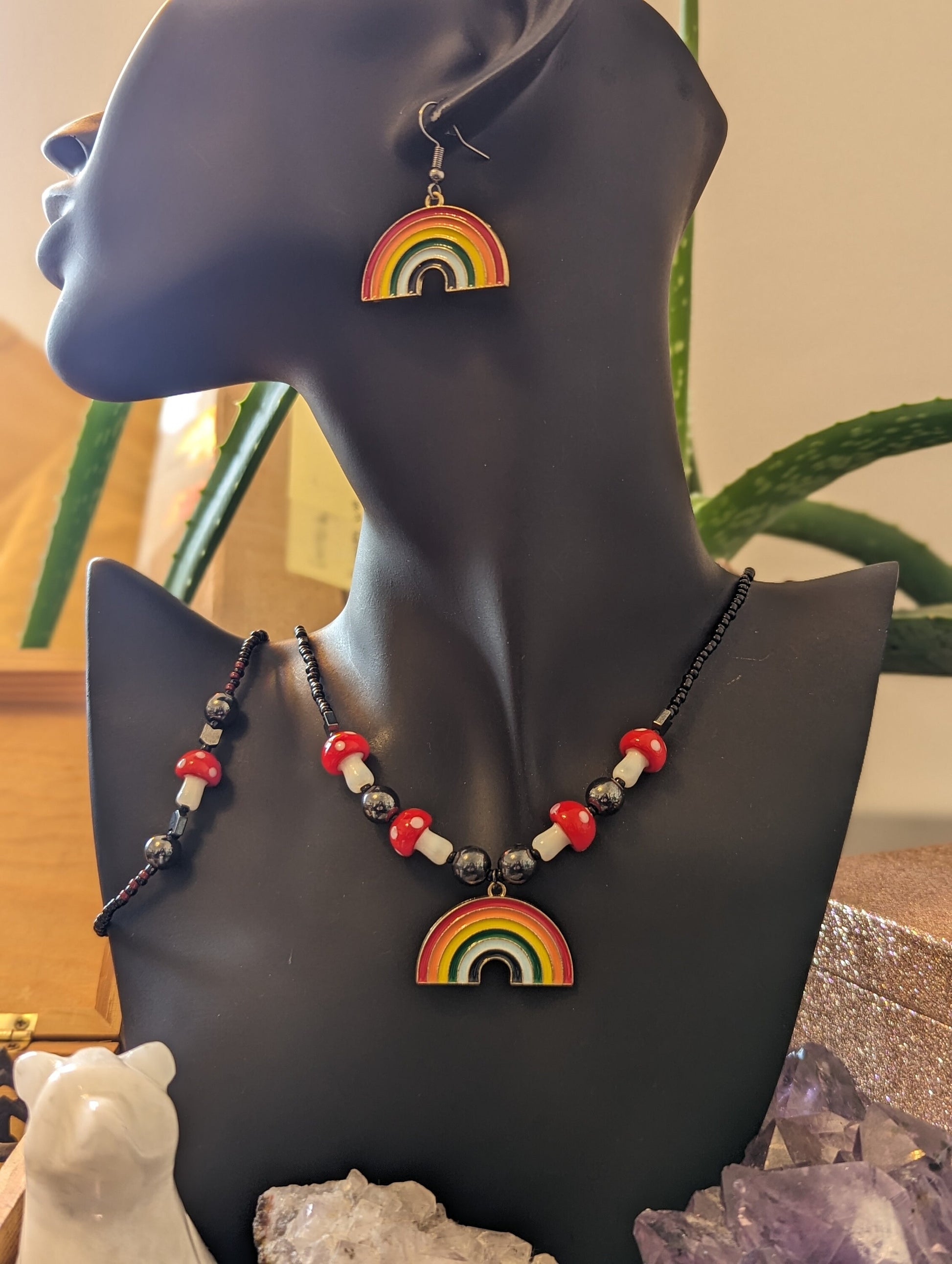 Set: Rainbow and Red Mushroom Set with 3 Rainbow Pendants and 5 Red White Mushroom Glass Beads, Hematite Styled Beads, Black Red Glass Beads