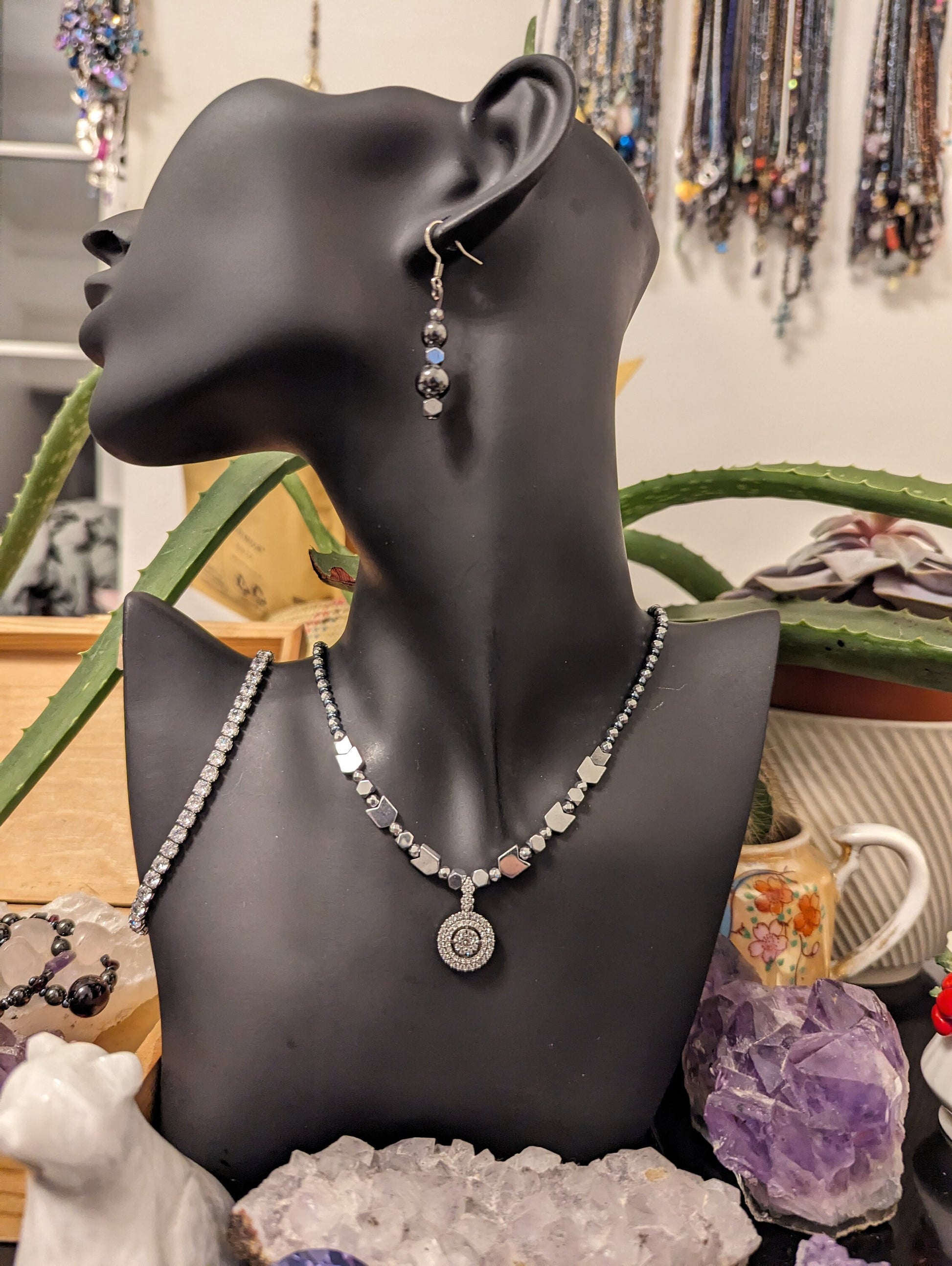 Zircon Set 2: Shimmering Zircon Pendant, Silver Arrows Beads, Zircon Squares Chain Bracelet and Drop Hematite Styled and Silver Earrings