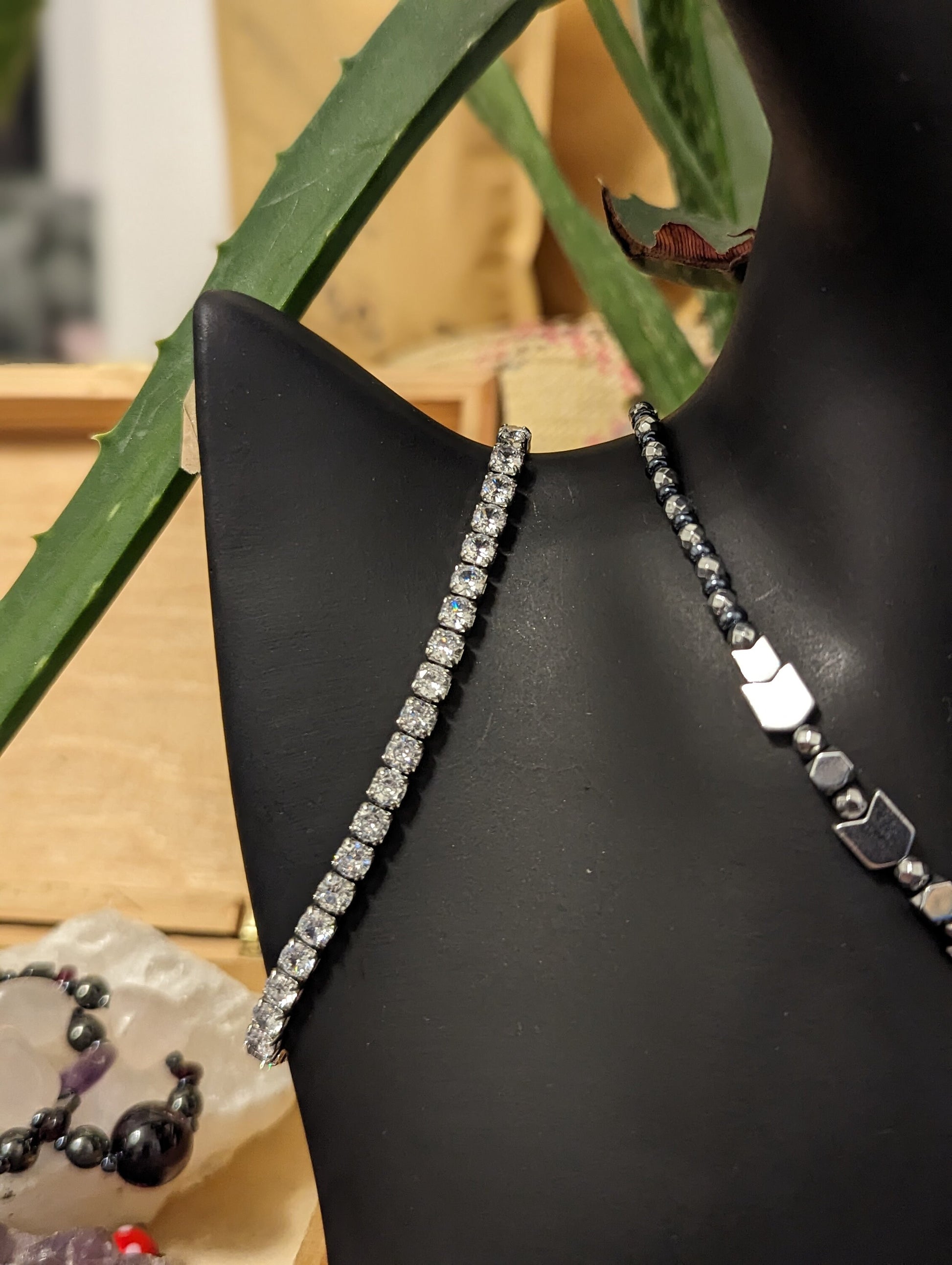 Zircon Set 2: Shimmering Zircon Pendant, Silver Arrows Beads, Zircon Squares Chain Bracelet and Drop Hematite Styled and Silver Earrings