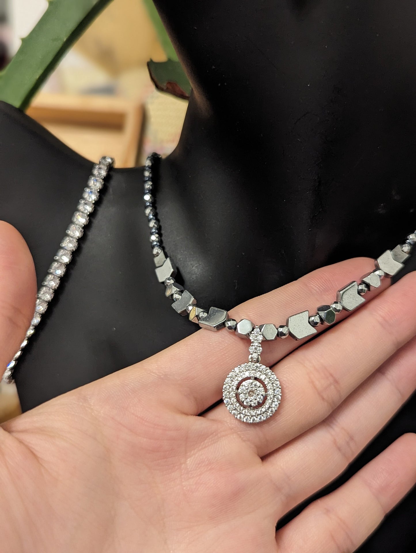 Zircon Set 2: Shimmering Zircon Pendant, Silver Arrows Beads, Zircon Squares Chain Bracelet and Drop Hematite Styled and Silver Earrings