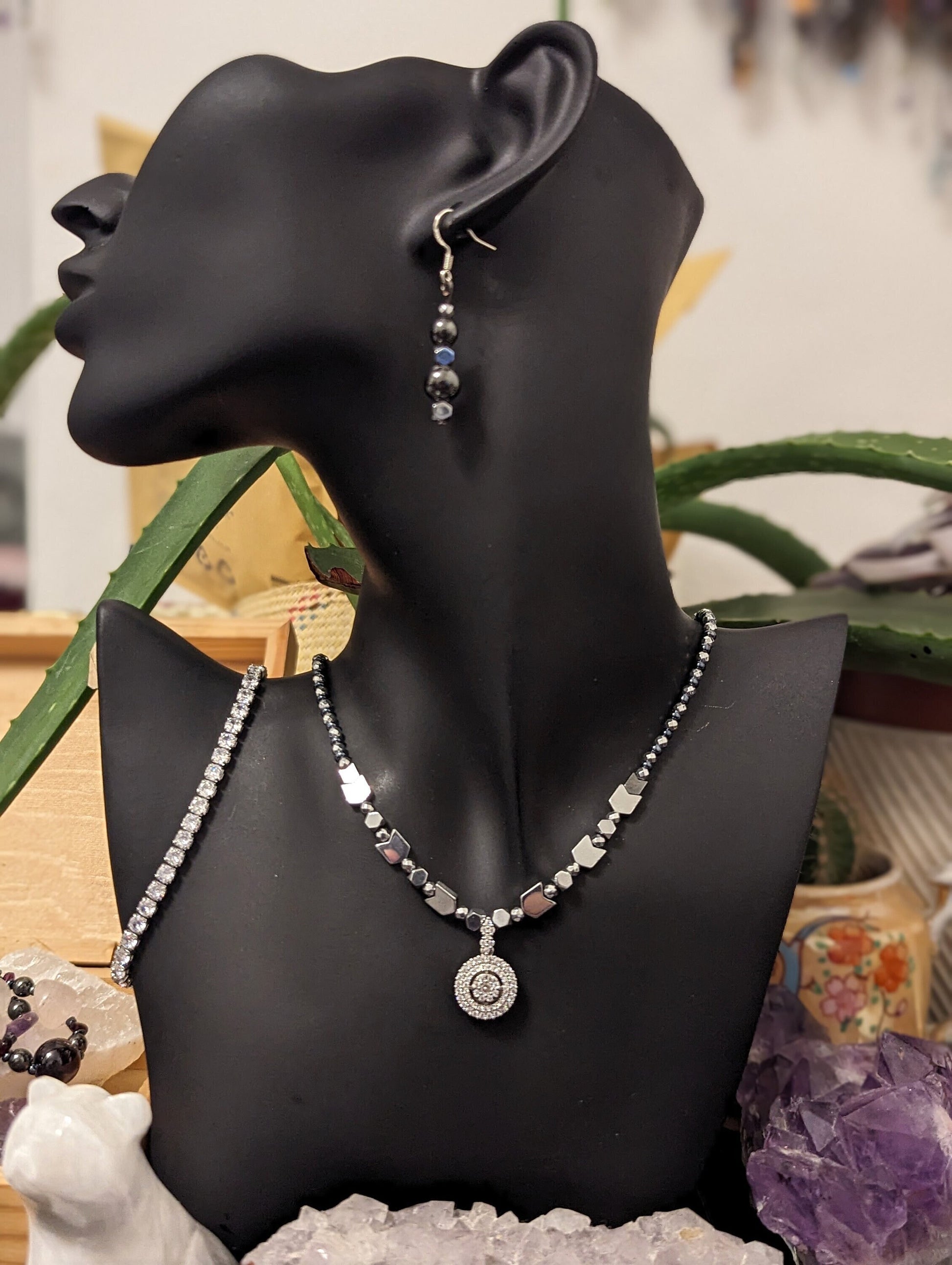 Zircon Set 2: Shimmering Zircon Pendant, Silver Arrows Beads, Zircon Squares Chain Bracelet and Drop Hematite Styled and Silver Earrings