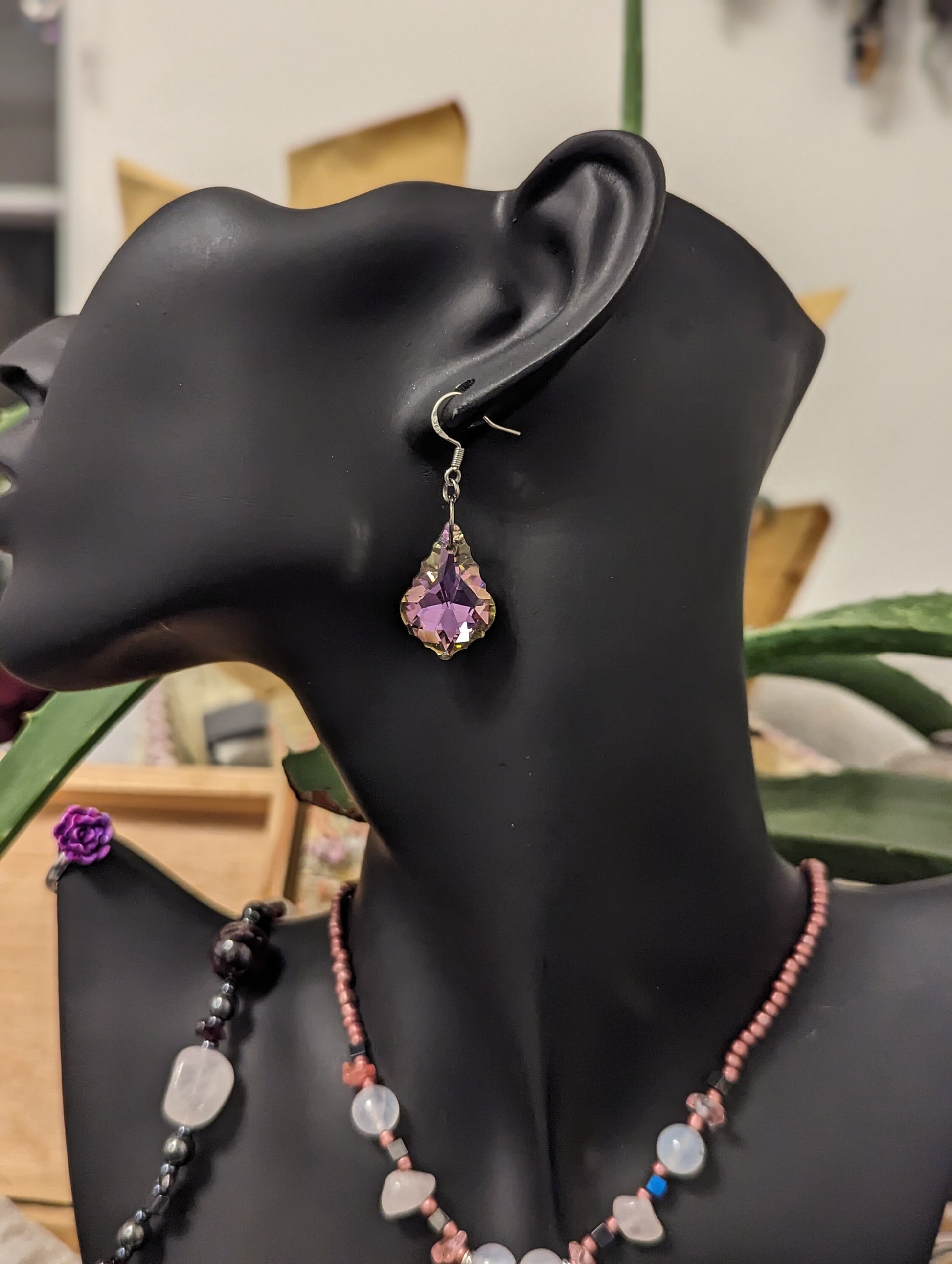 Pink Dreams Set: Pink Beaded Necklace with Silver Wing Pendants and Lilac Rhombic Pendant, Quartz, Garnet, Rose Quartz, Pink Fimo and Glass