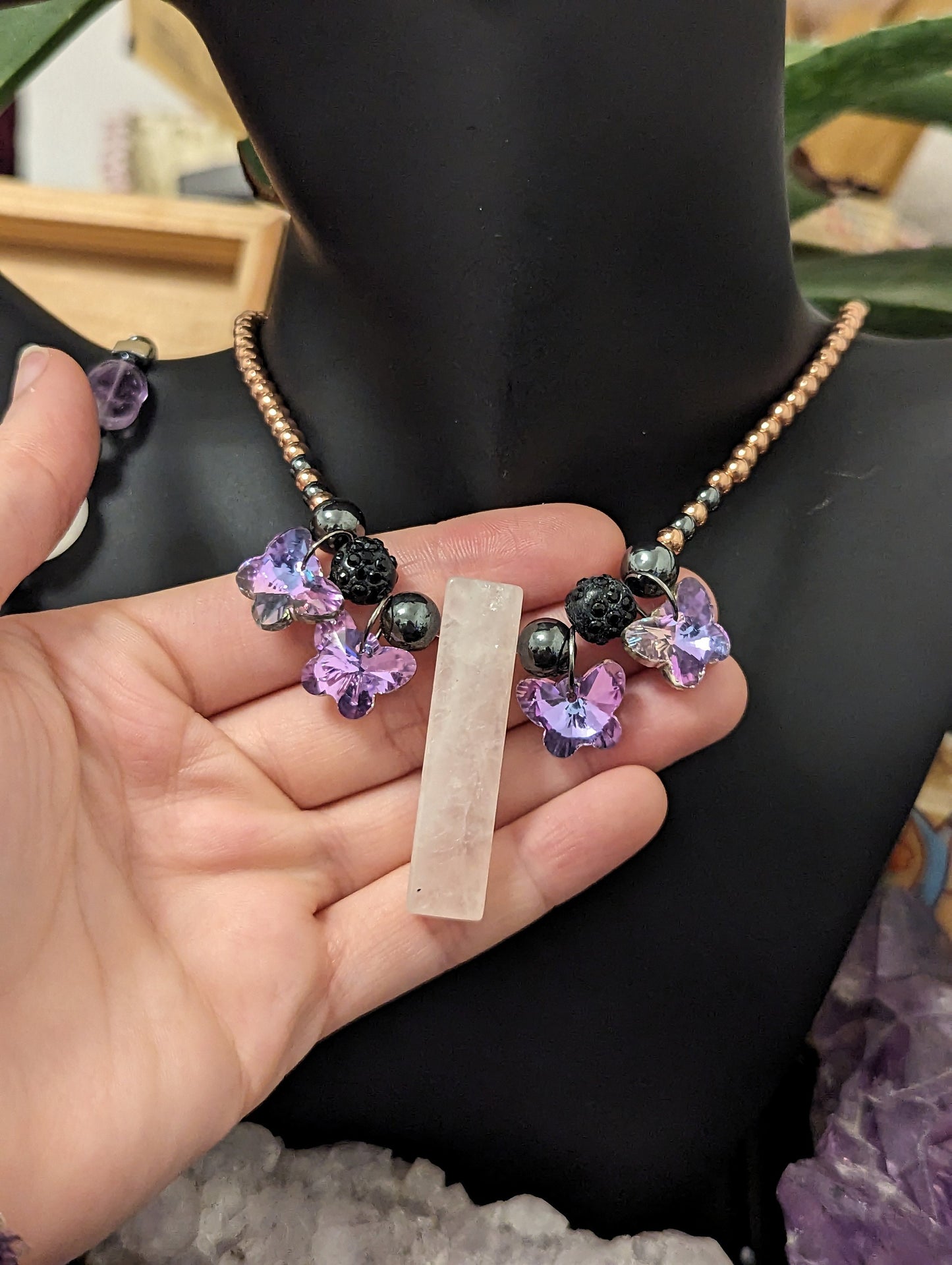 Pink Shimmer: Rose Quartz Pendants and 4 Pink Shimmering Butterfly Pendants, Hematite Styled and Rose Golden Necklace, Amethyst Bracelet