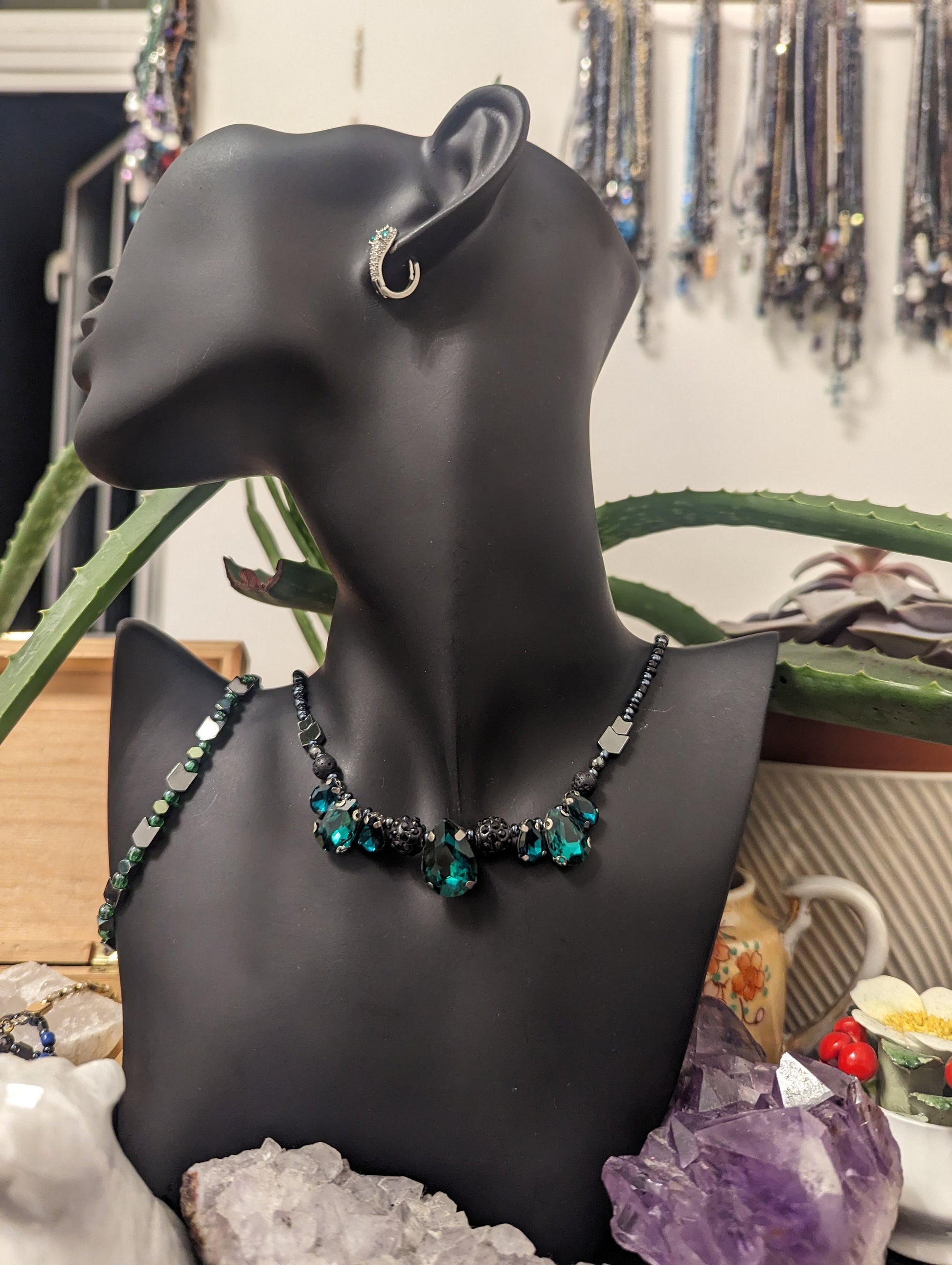 Set: 7 Green Glass Drop Pendans, Necklace, Earrings and Bracelet with Grey Hematite Styled Arrow Beads and Dark Blue and Green Glass Beads