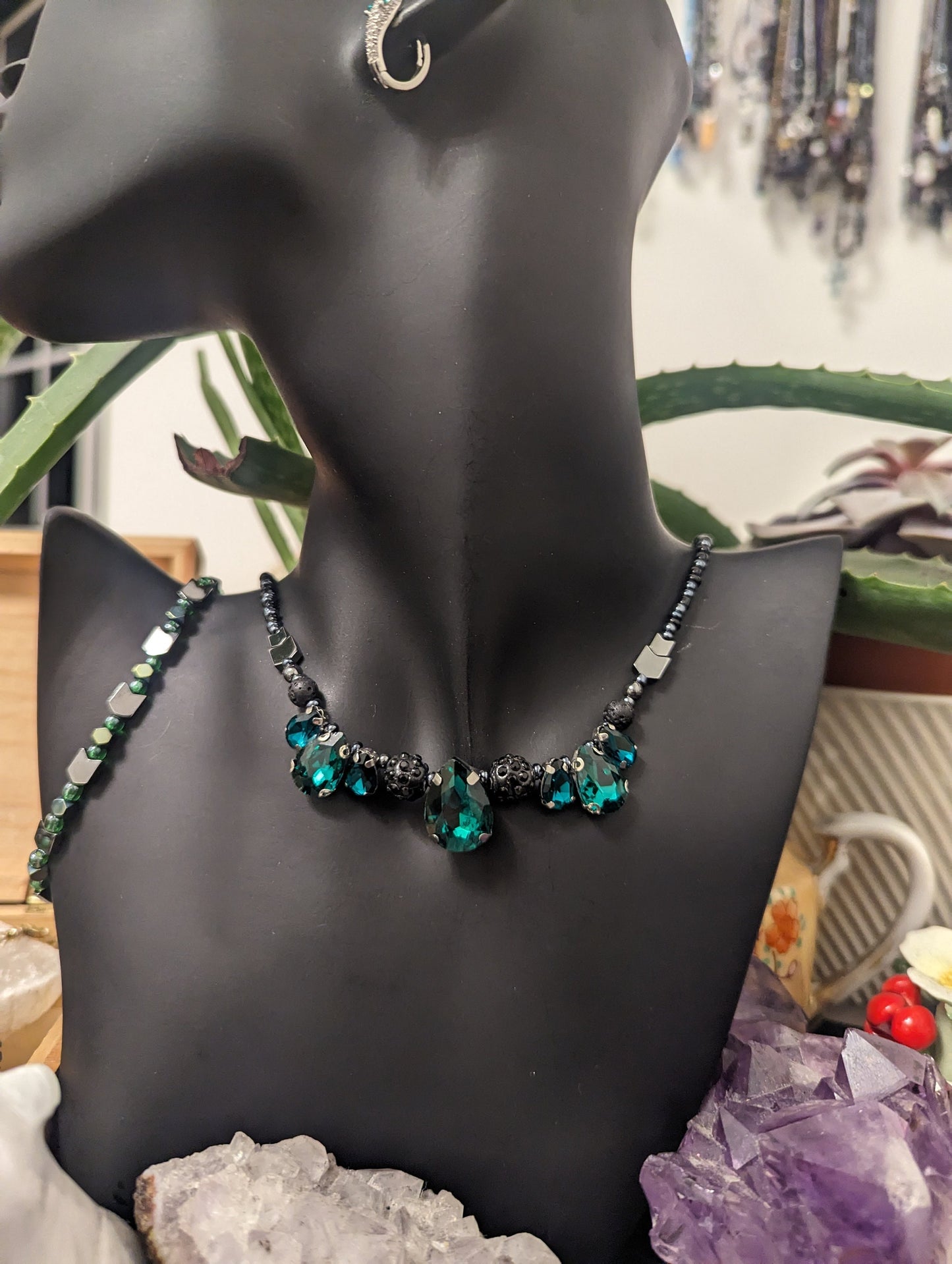 Set: 7 Green Glass Drop Pendans, Necklace, Earrings and Bracelet with Grey Hematite Styled Arrow Beads and Dark Blue and Green Glass Beads