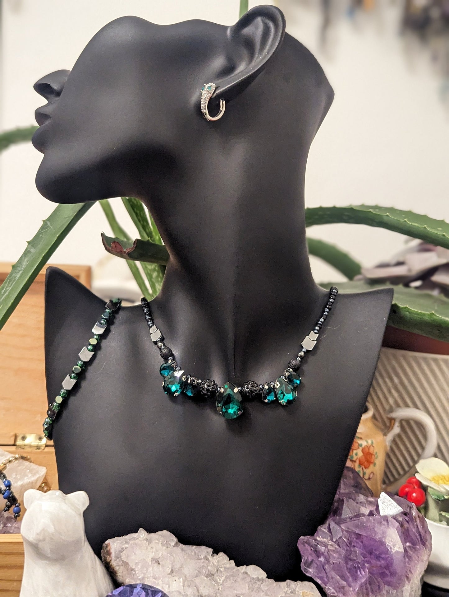 Set: 7 Green Glass Drop Pendans, Necklace, Earrings and Bracelet with Grey Hematite Styled Arrow Beads and Dark Blue and Green Glass Beads