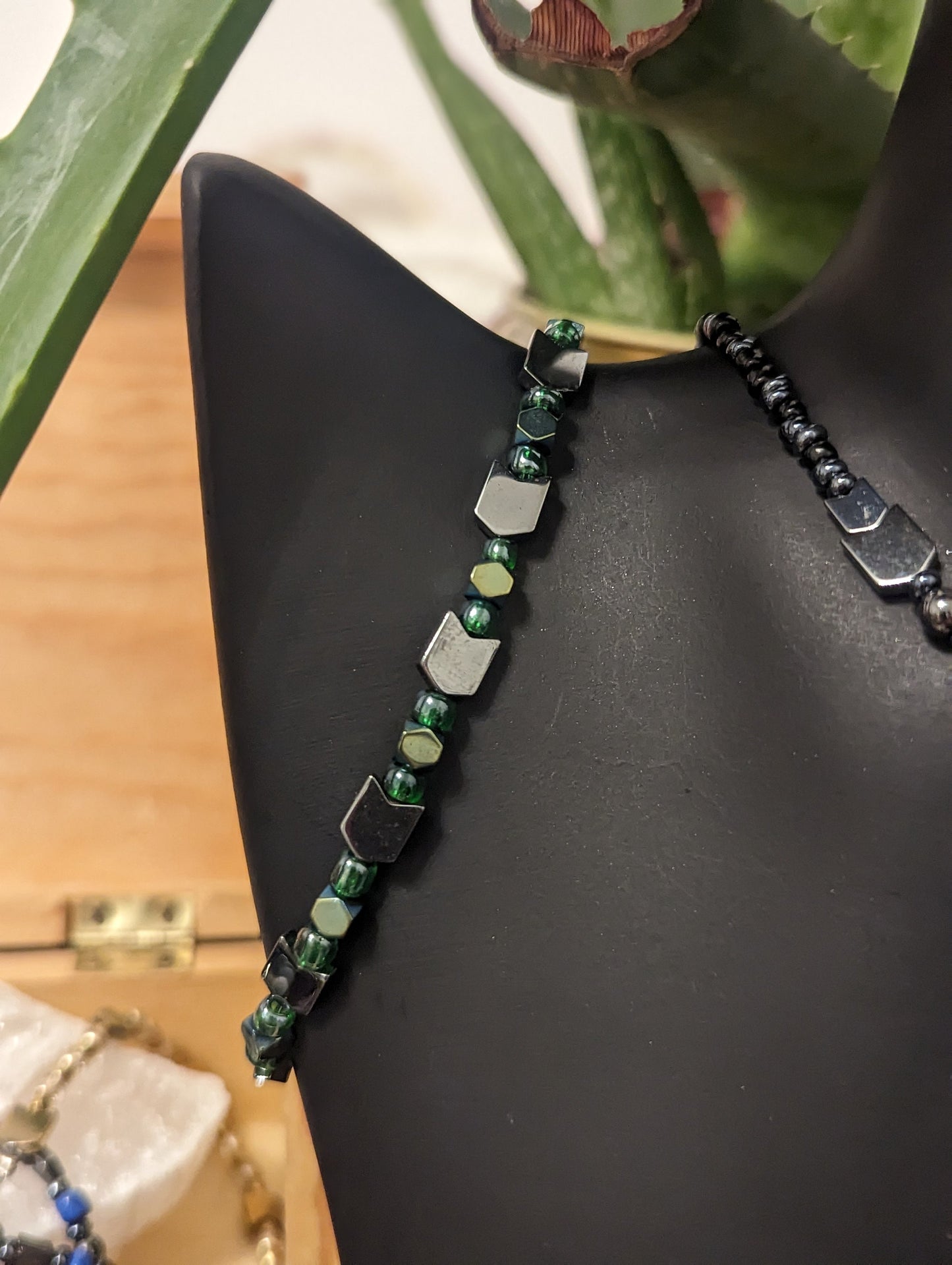 Set: 7 Green Glass Drop Pendans, Necklace, Earrings and Bracelet with Grey Hematite Styled Arrow Beads and Dark Blue and Green Glass Beads