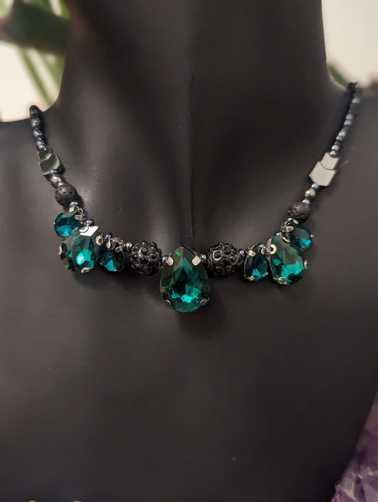 Set: 7 Green Glass Drop Pendans, Necklace, Earrings and Bracelet with Grey Hematite Styled Arrow Beads and Dark Blue and Green Glass Beads