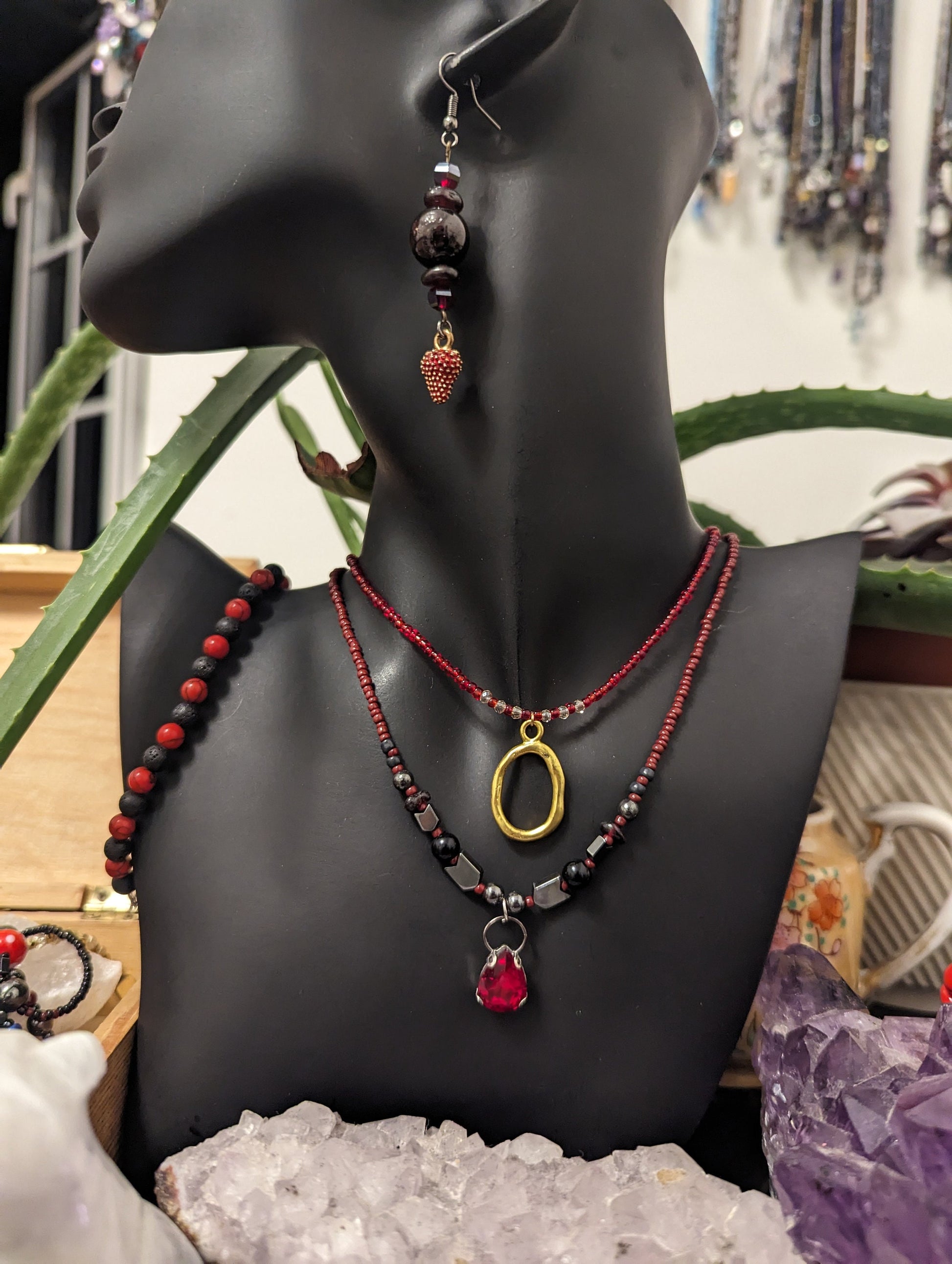 Red Layers: Garnet & Strawberry Earrings, 2 Beaded Necklaces with Golden Pendant, Red Glass Drop Pendant, Red Beads and Black Red Bracelet