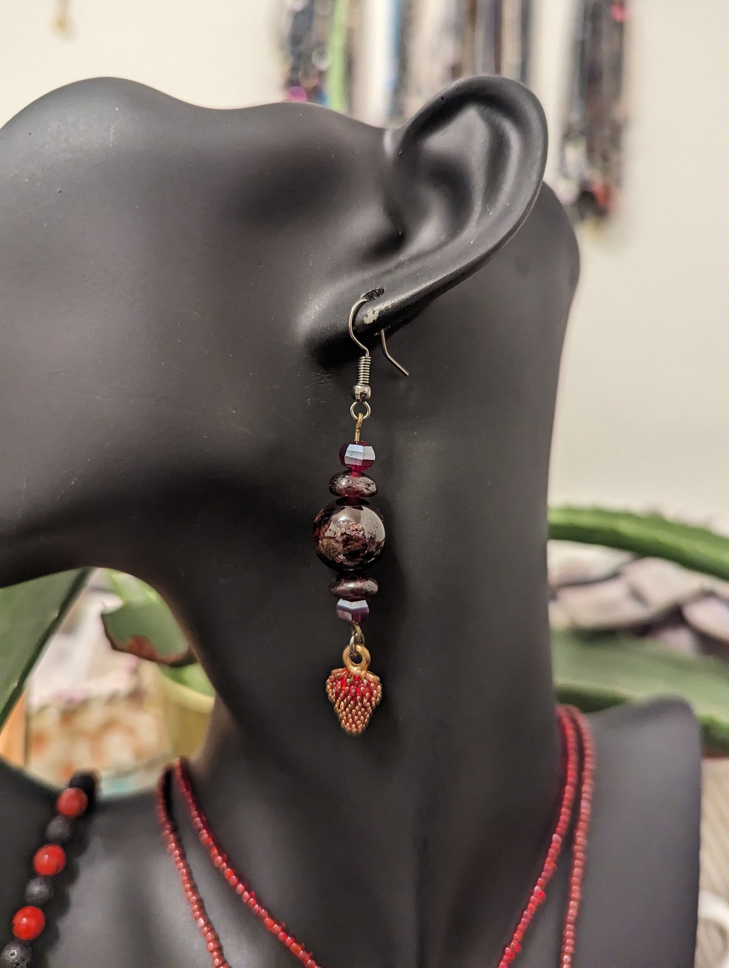 Red Layers: Garnet & Strawberry Earrings, 2 Beaded Necklaces with Golden Pendant, Red Glass Drop Pendant, Red Beads and Black Red Bracelet