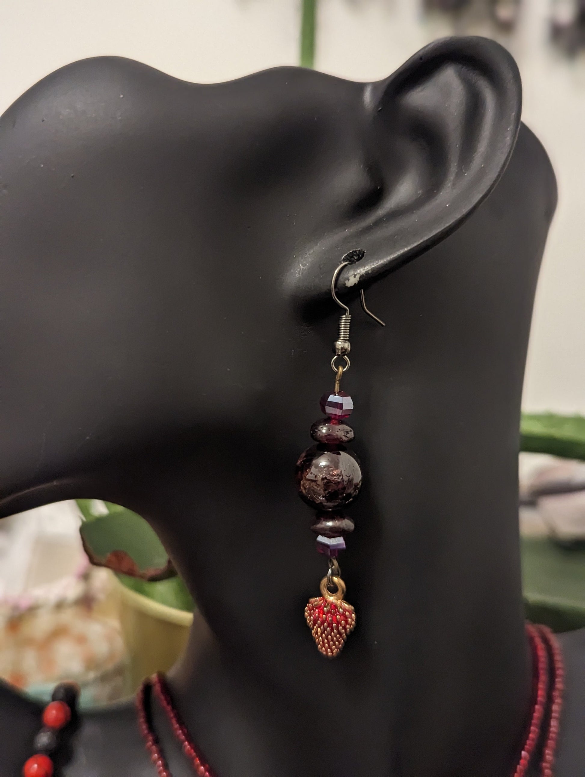 Red Layers: Garnet & Strawberry Earrings, 2 Beaded Necklaces with Golden Pendant, Red Glass Drop Pendant, Red Beads and Black Red Bracelet