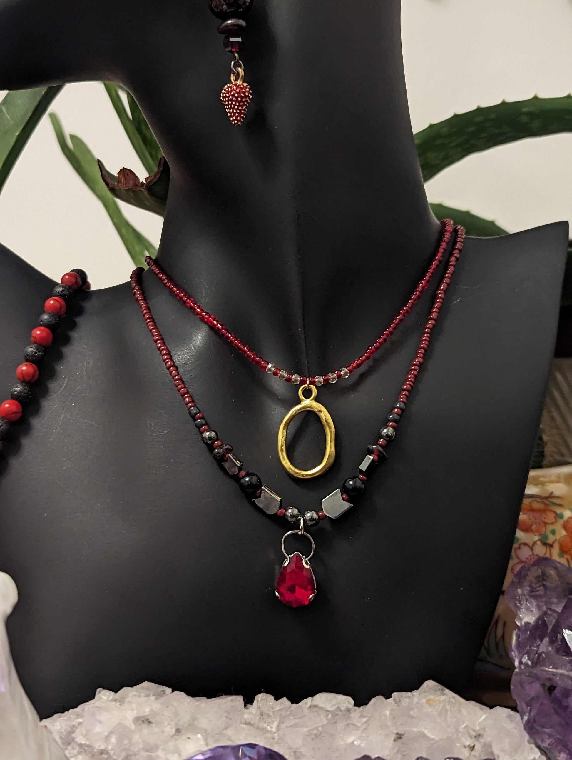 Red Layers: Garnet & Strawberry Earrings, 2 Beaded Necklaces with Golden Pendant, Red Glass Drop Pendant, Red Beads and Black Red Bracelet