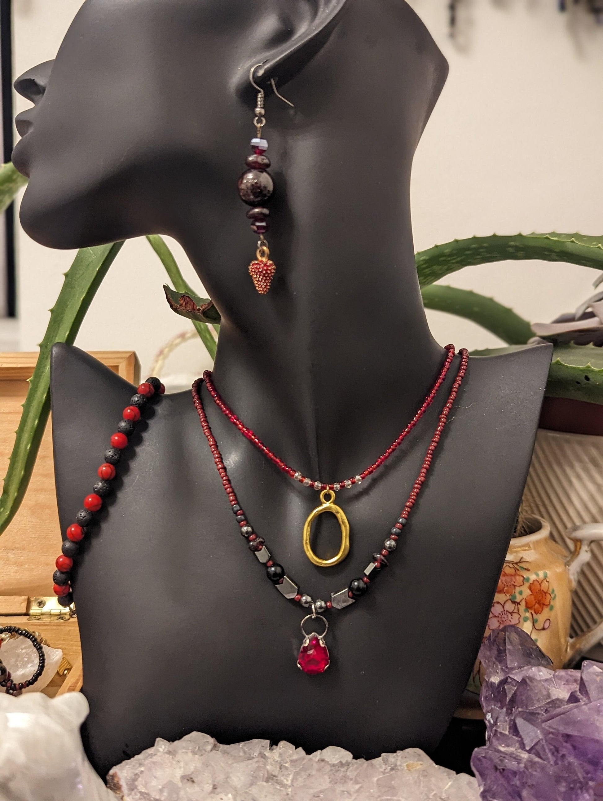 Red Layers: Garnet & Strawberry Earrings, 2 Beaded Necklaces with Golden Pendant, Red Glass Drop Pendant, Red Beads and Black Red Bracelet