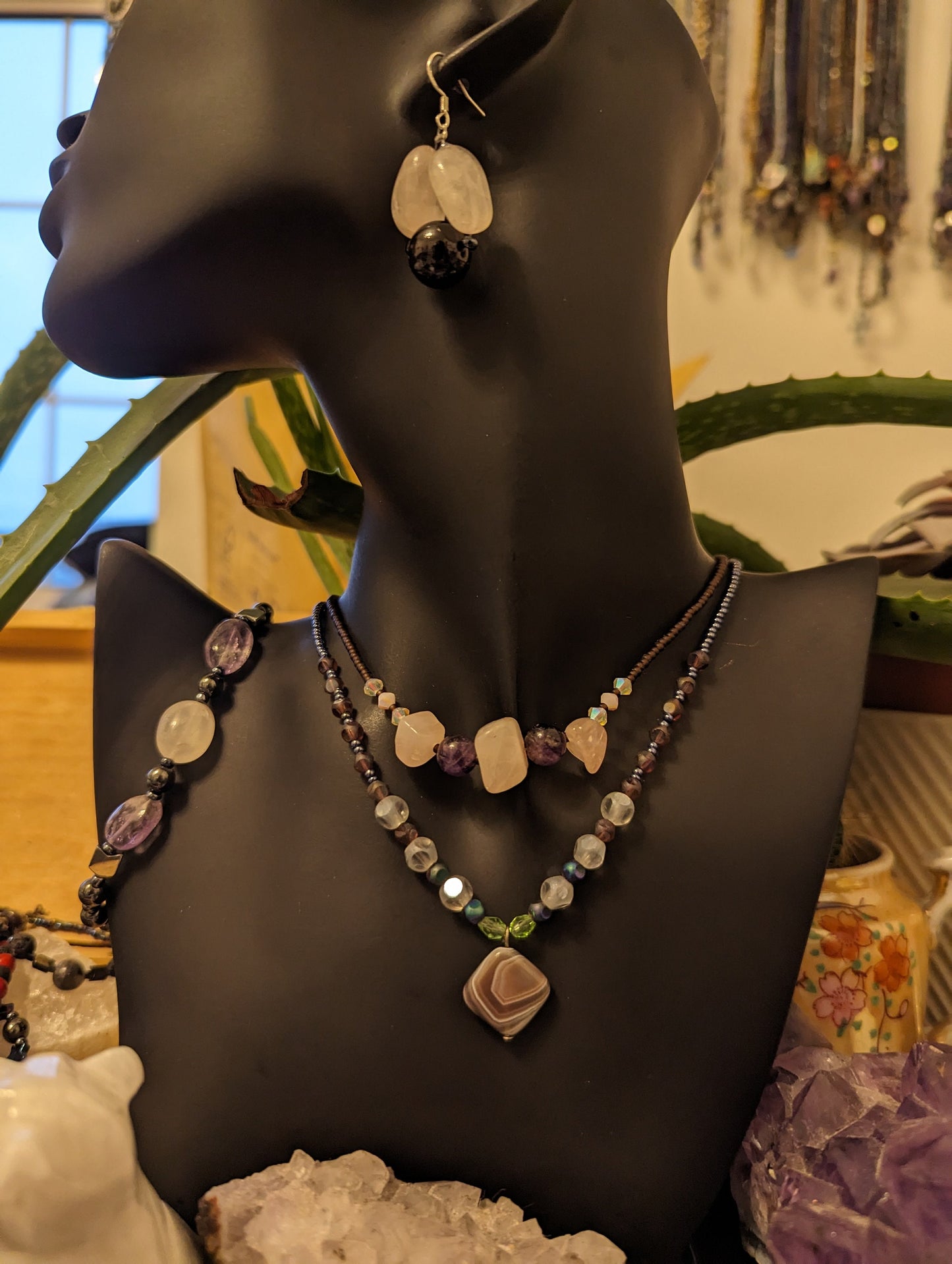 Gemstones Layered Set: Rose Quartz, Agate, Garnet and Amethyst Necklaces, Earrings and Bracelet with Glass Green Brown Beads