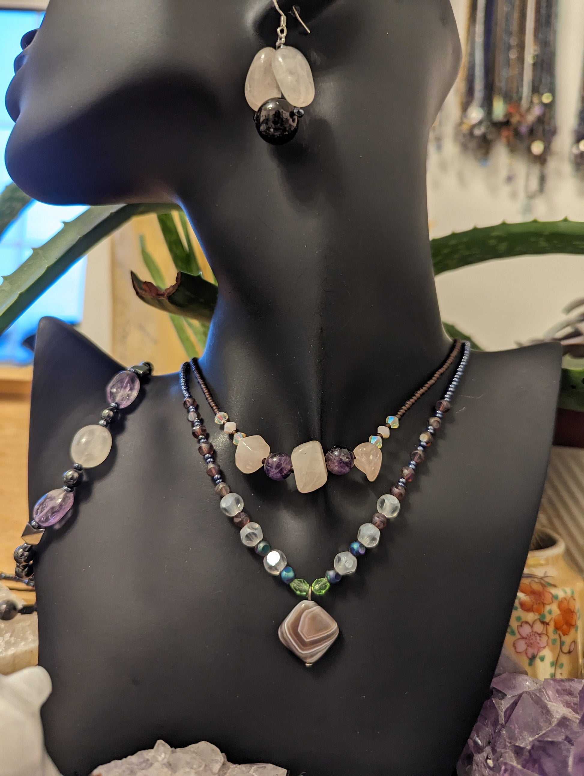 Gemstones Layered Set: Rose Quartz, Agate, Garnet and Amethyst Necklaces, Earrings and Bracelet with Glass Green Brown Beads