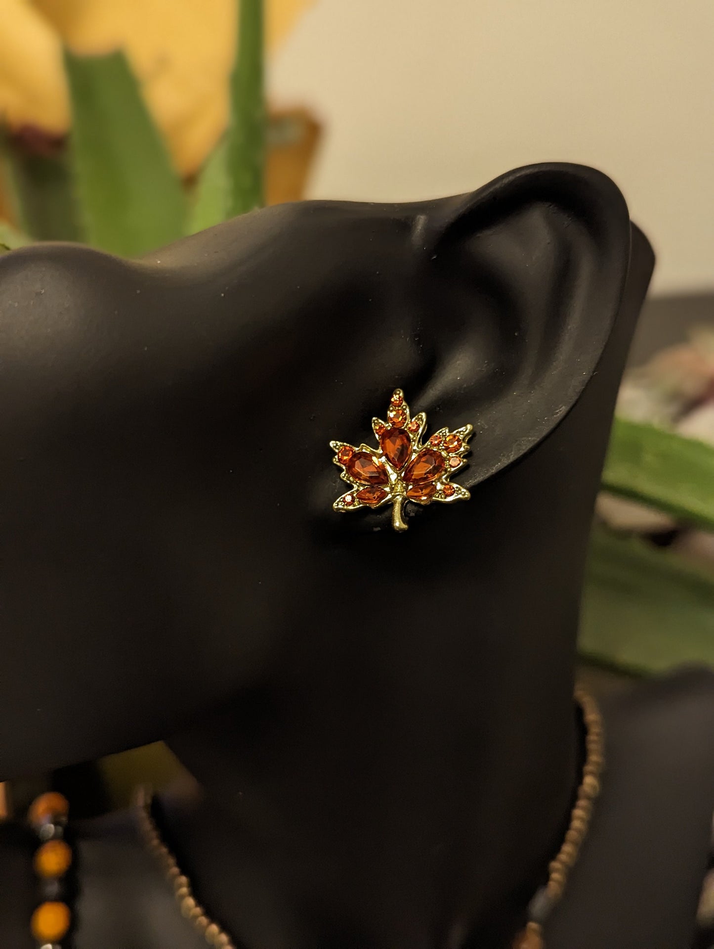 Arrow & Maple Set: Orange Arrow Pendant, Red Gemstones, Wooden and Brown Glass Beads, Orange Black Bracelet and Maple Leaf Earrings