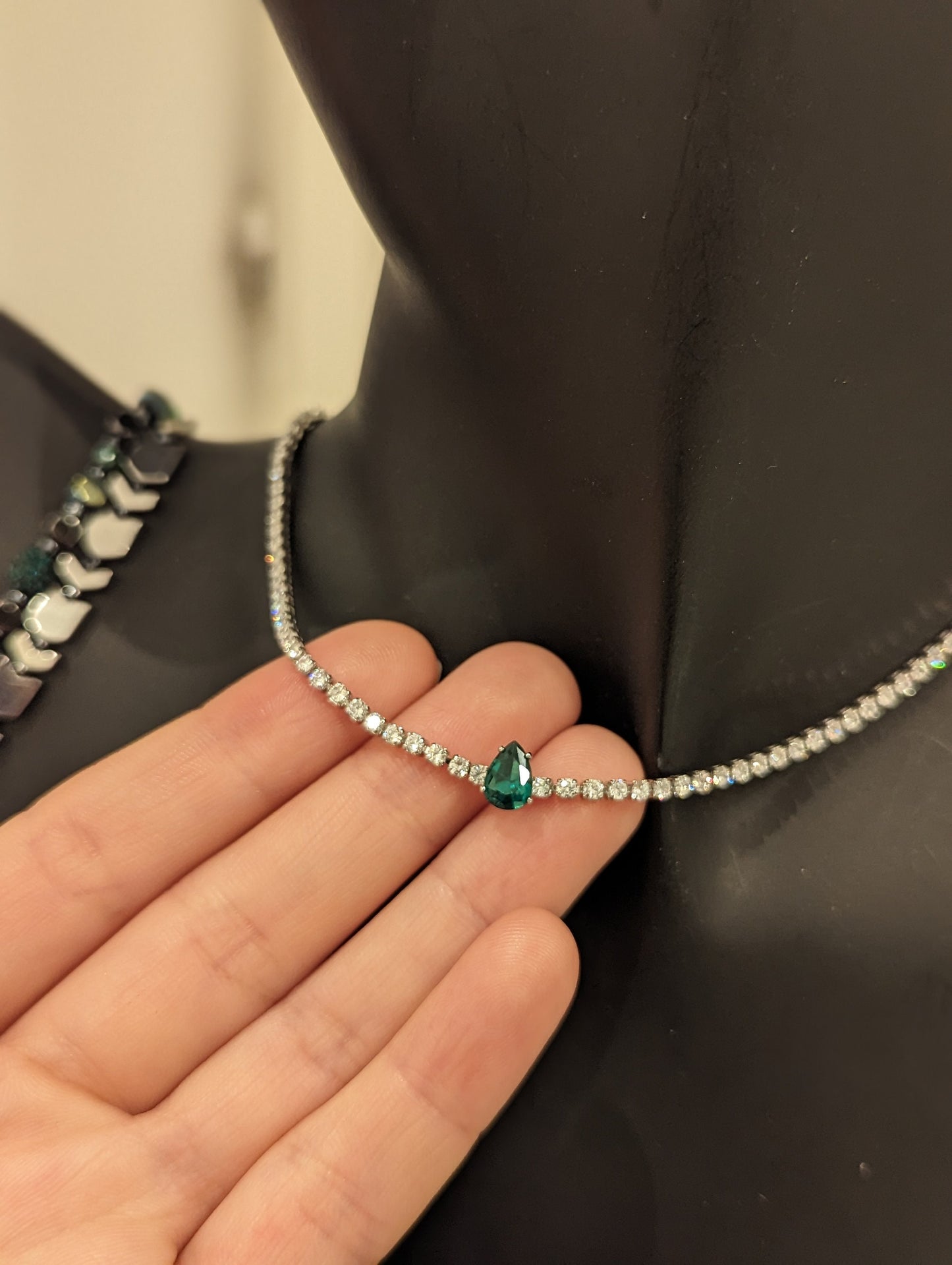 Zircon Set 5: Dark Green Zircon Drop Choker Adjustable Necklace, Two Beaded Bracelets with Arrow and Green Beads and Green Zircon Earrings