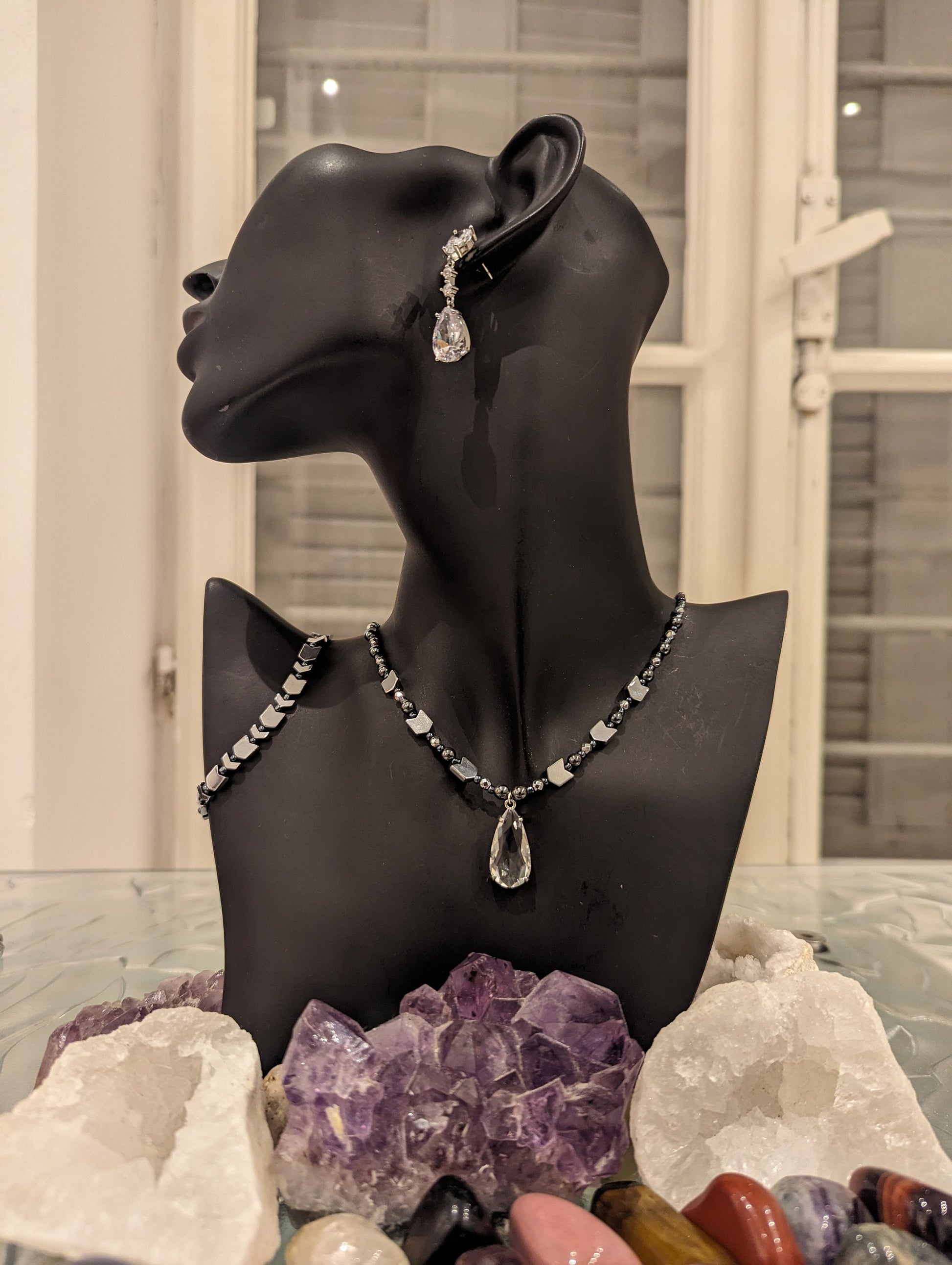 Zircon Set 6: Clear Crystal Drop Beaded Silver Arrows Necklace, Beaded Silver Arrows Bracelet and Zircon Drop Earrings