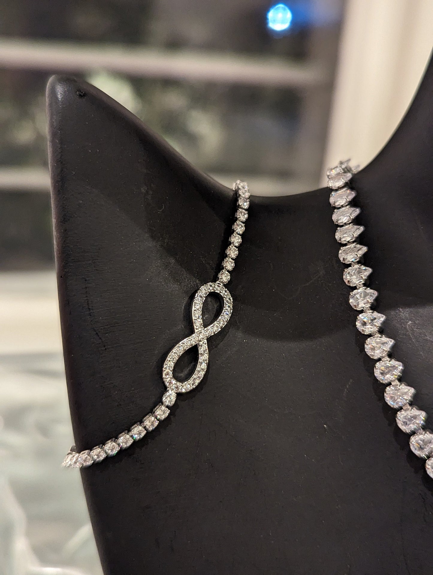 Zircon Set 10: Zircon Crystal Drop Beaded Silver Arrows Necklace, Infinity Symbol Zircon Bracelet and Zircon Drop Earrings