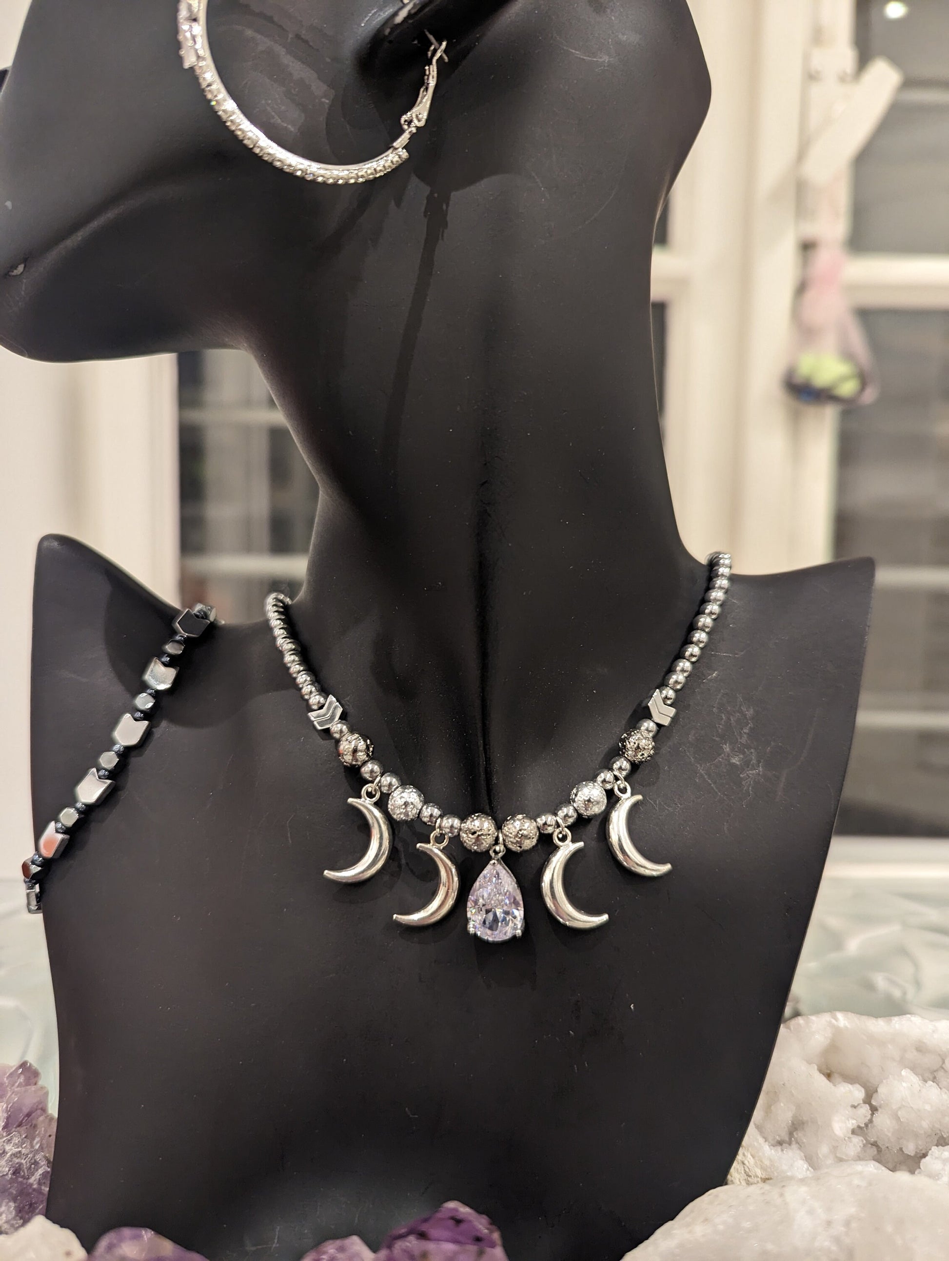 Zircon Drop and Silver Moons, Silver Beaded Necklace