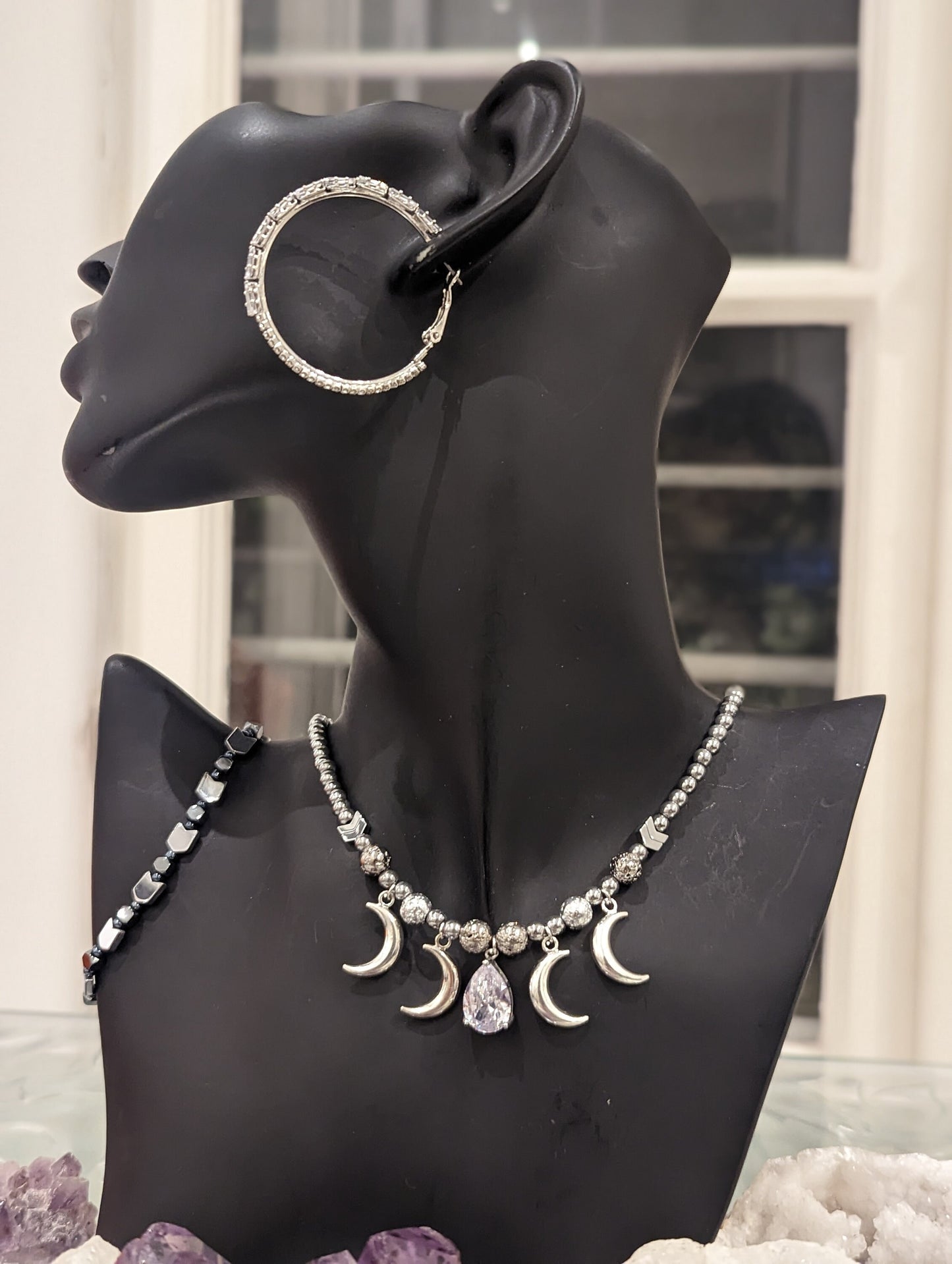 Zircon Drop and Silver Moons, Silver Beaded Necklace