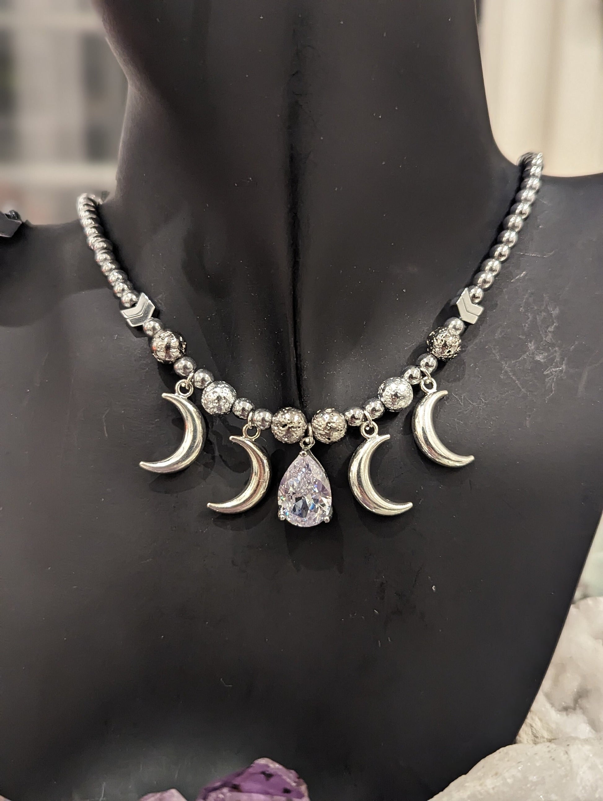 Zircon Drop and Silver Moons, Silver Beaded Necklace