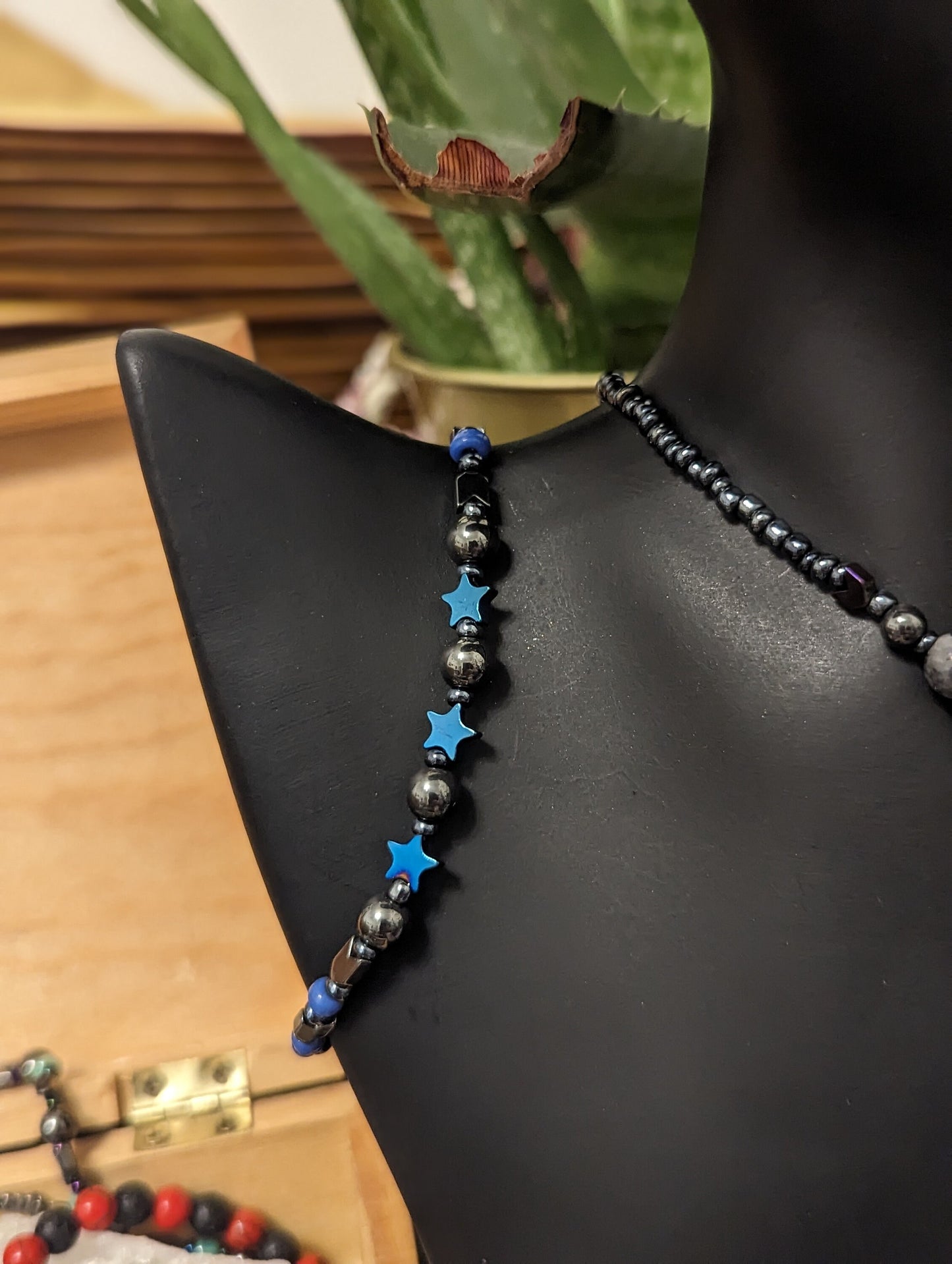 Starlight Set: With Blue Star Pendant in Metallic Round Frame, Blue Goldstone and Gemstone Beads, Moon Star Earrings, Stars Beaded Bracelet