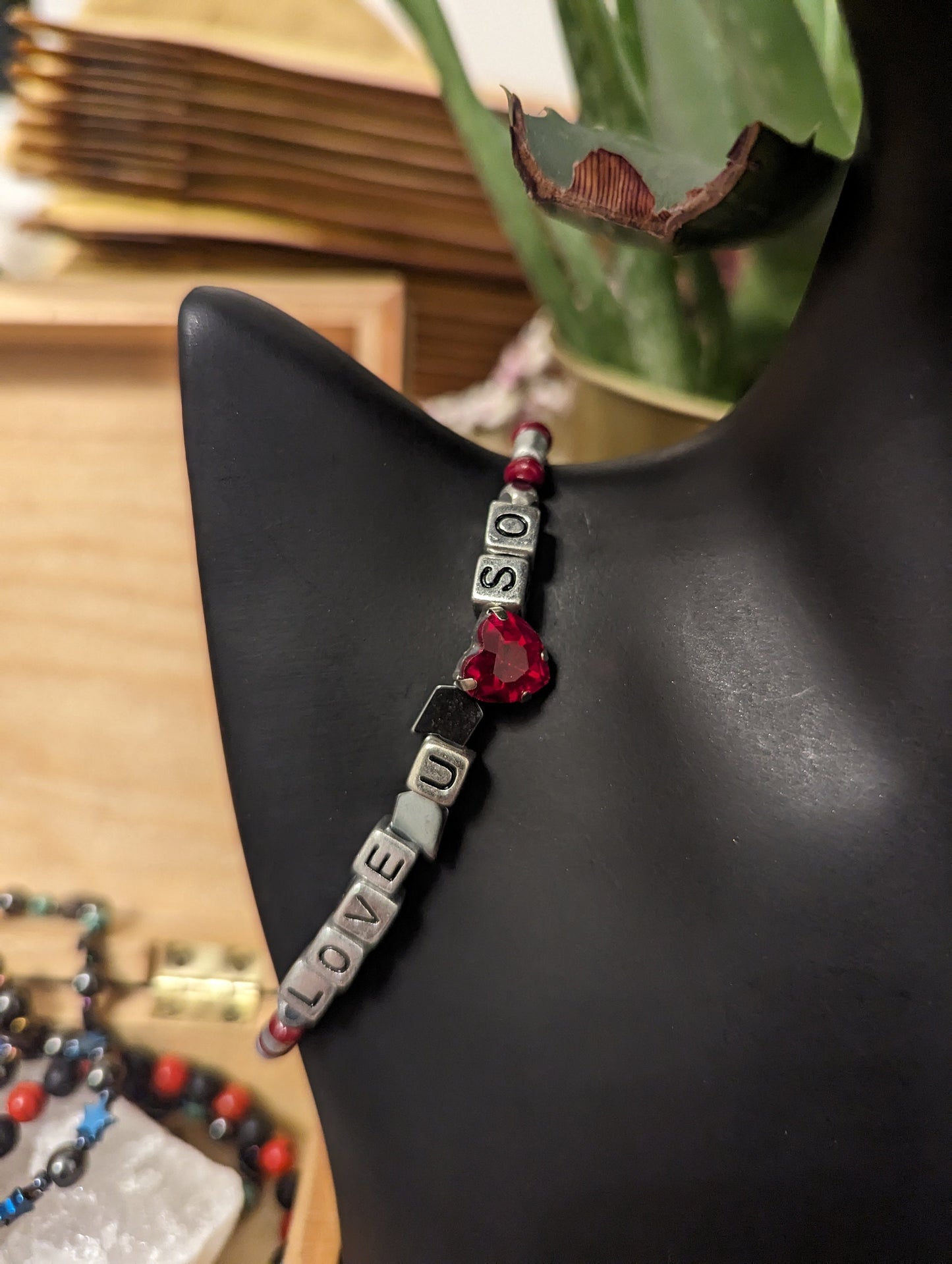 Red Black Love Set: Red Heart Pendants and Black Red Glass Beaded Necklace, LOVE YOU SO Beaded Bracelet and Silver Red Heart Earrings