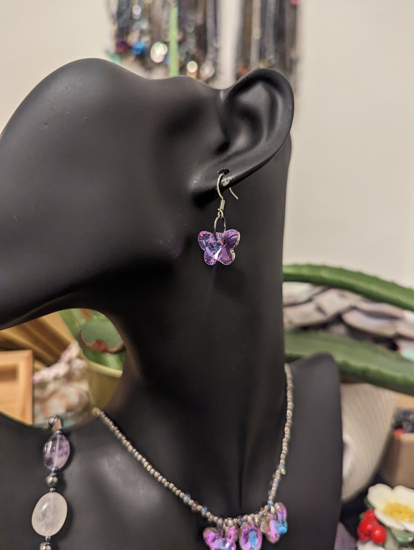 Spring Set: Necklace, Earrings and Bracelet with Glass Pink Butterfly Shimmering Pendants, Rose Quartz and Amethyst Gemstones and Beads