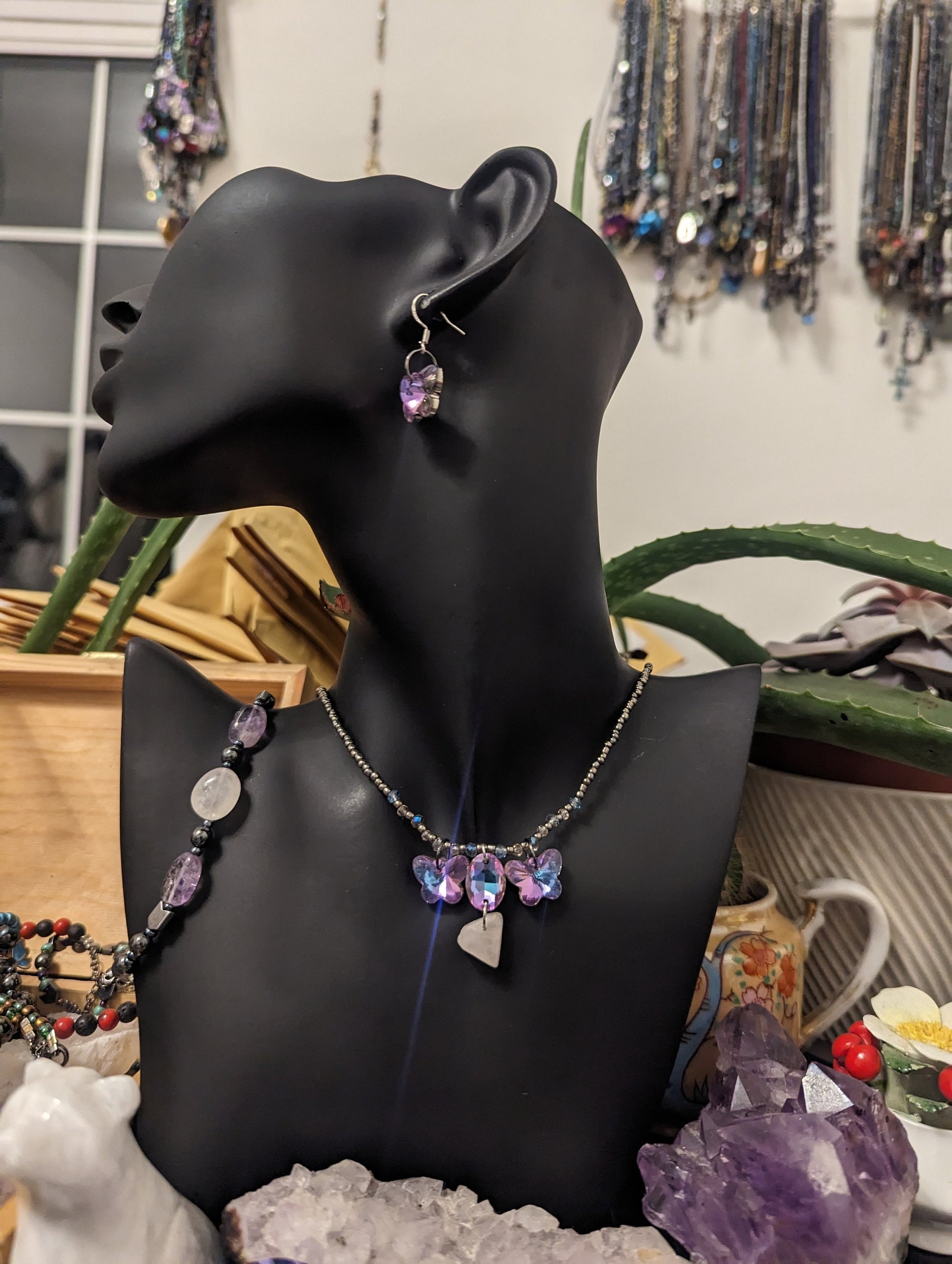 Spring Set: Necklace, Earrings and Bracelet with Glass Pink Butterfly Shimmering Pendants, Rose Quartz and Amethyst Gemstones and Beads