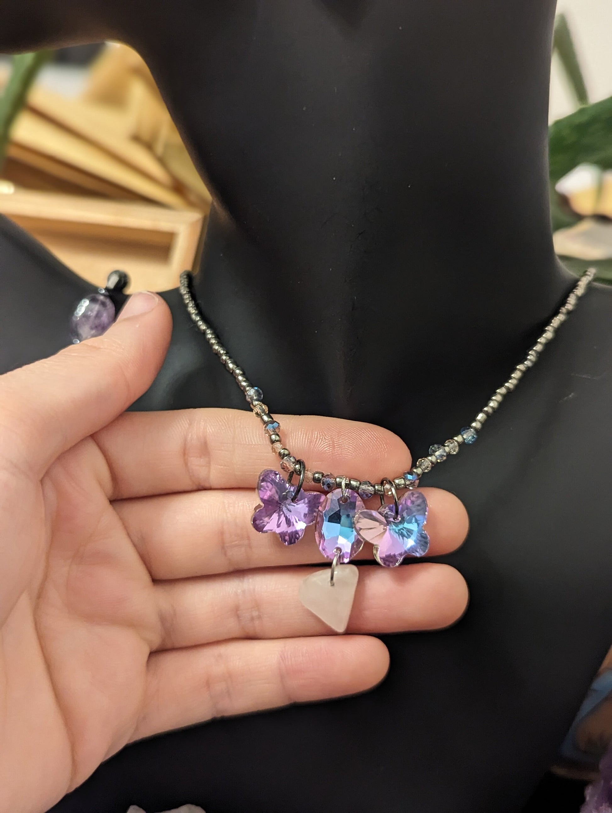 Spring Set: Necklace, Earrings and Bracelet with Glass Pink Butterfly Shimmering Pendants, Rose Quartz and Amethyst Gemstones and Beads